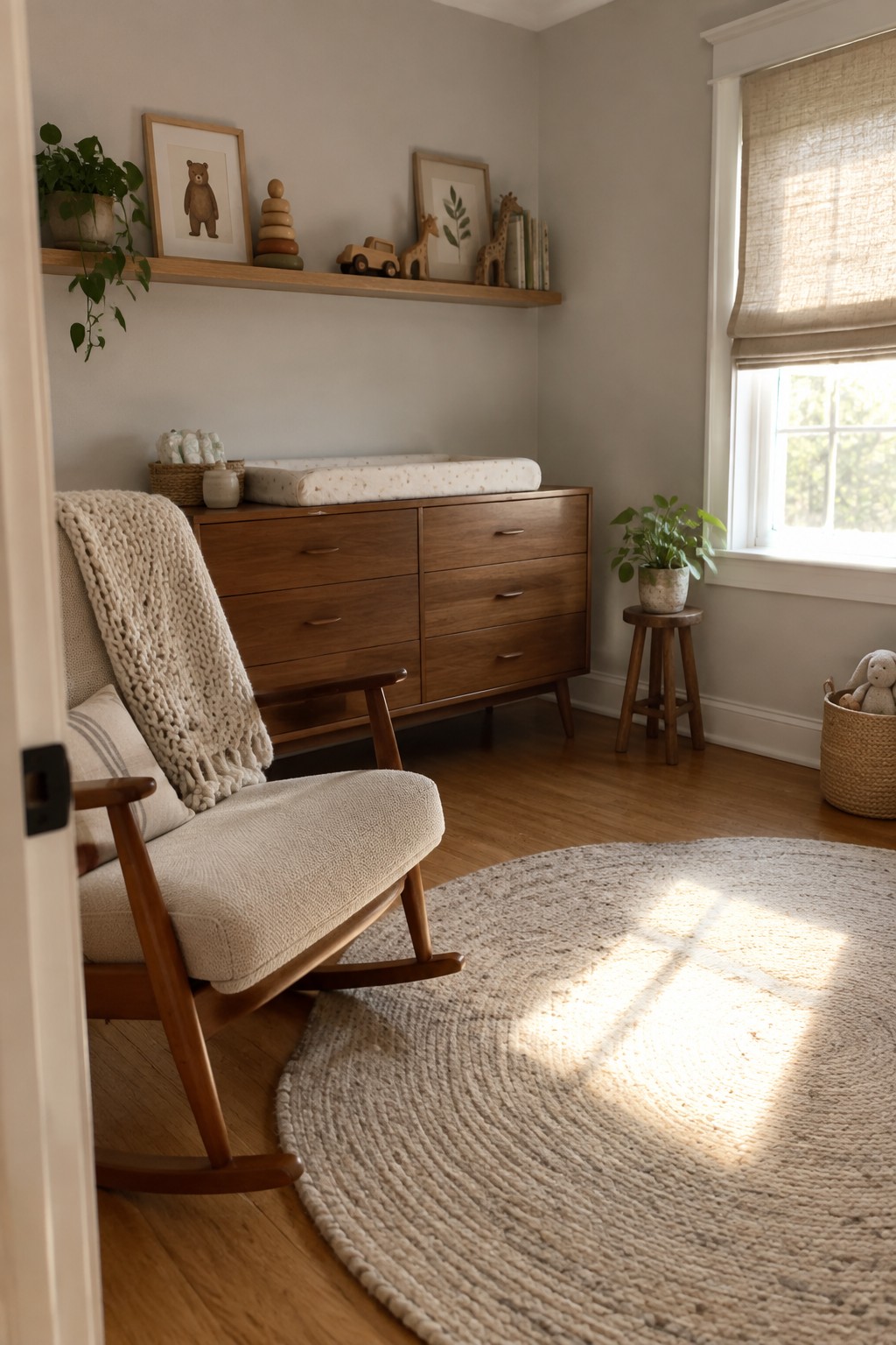 A wooden mid-century rocking chair with a beige cushion and knit throw sits on a round jute rug in a light nursery with a wooden dresser and floating shelf.