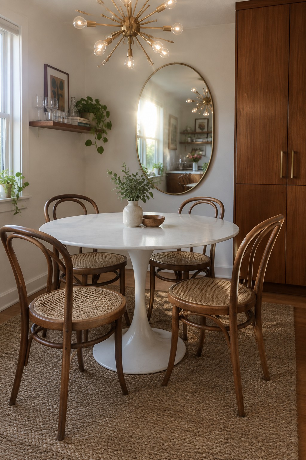 A round white marble dining table with a white pedestal base sits on a woven rug, surrounded by four wooden bentwood chairs with cane seats, with a large oval mirror and sputnik chandelier visible in the background.