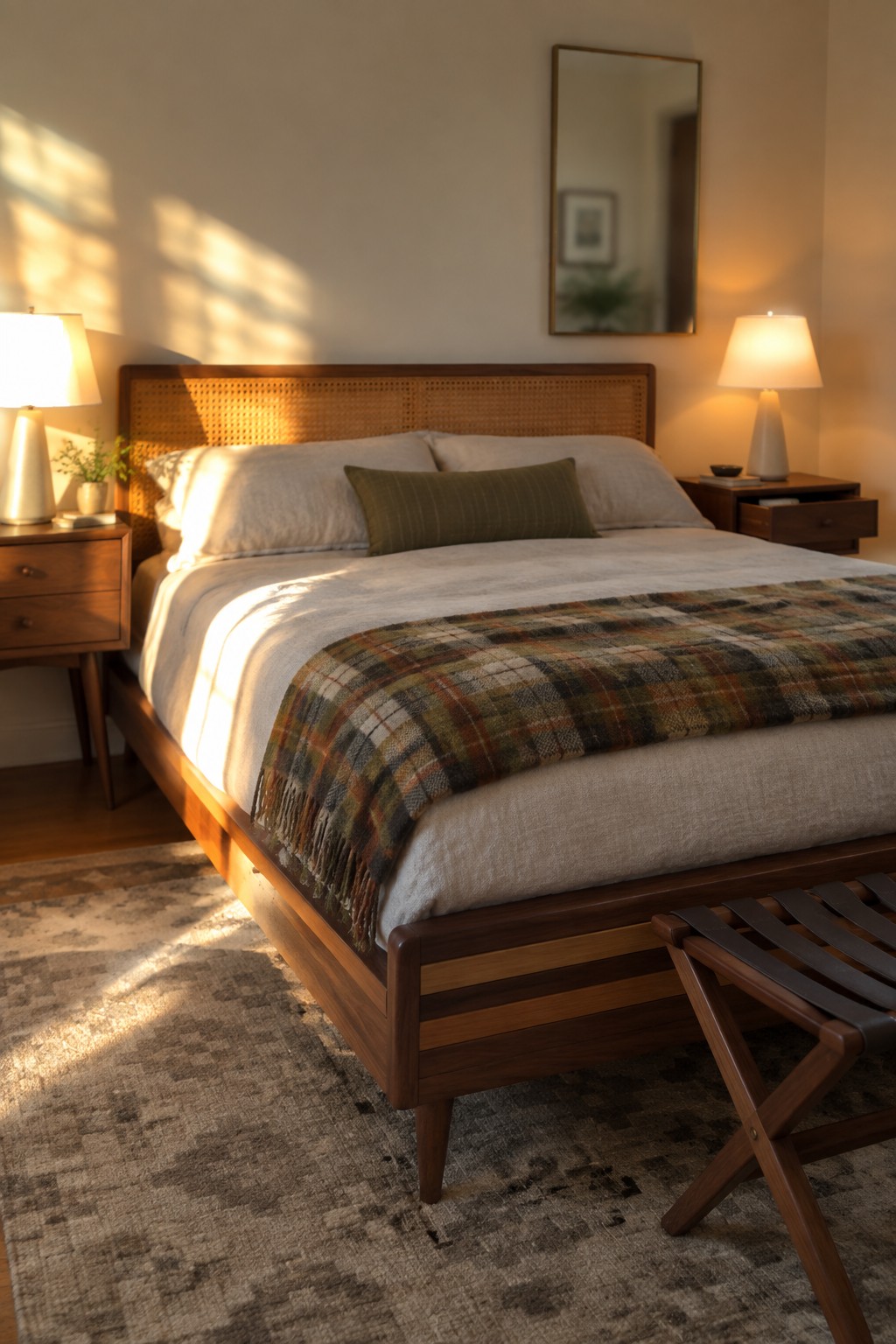 A mid-century modern bedroom with a wooden bed frame and cane headboard, white bedding, a plaid throw, and wooden nightstands with lamps on both sides.