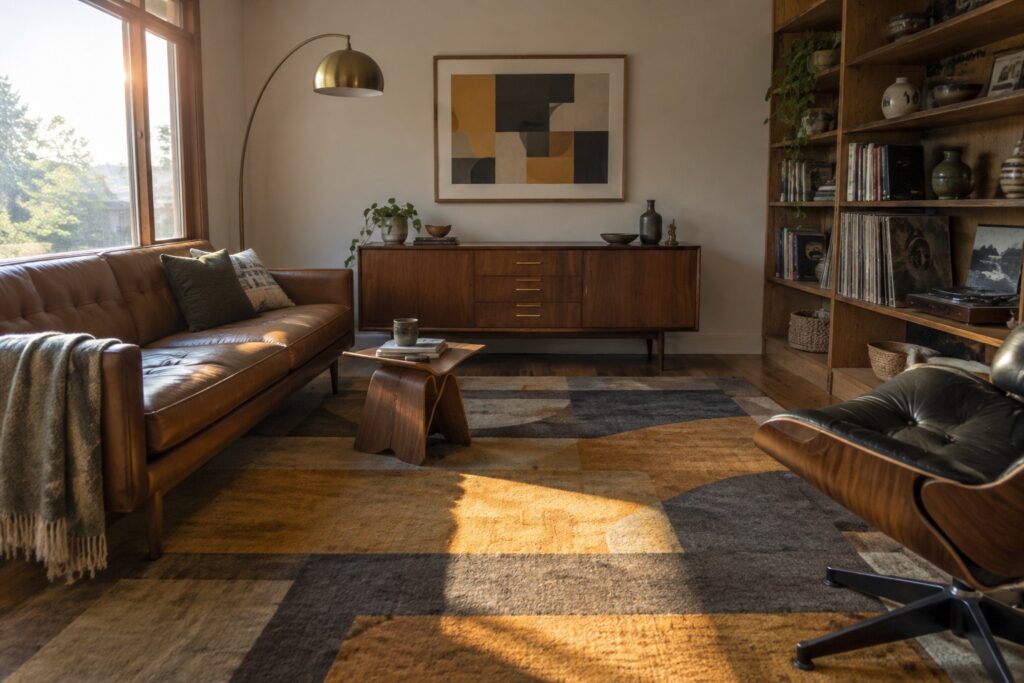 A mid-century modern living room featuring a brown leather sofa, wooden coffee table, and tufted lounge chair arranged on a large geometric area rug in brown, gray, and ochre tones, with a wooden credenza and bookshelf visible in the background.