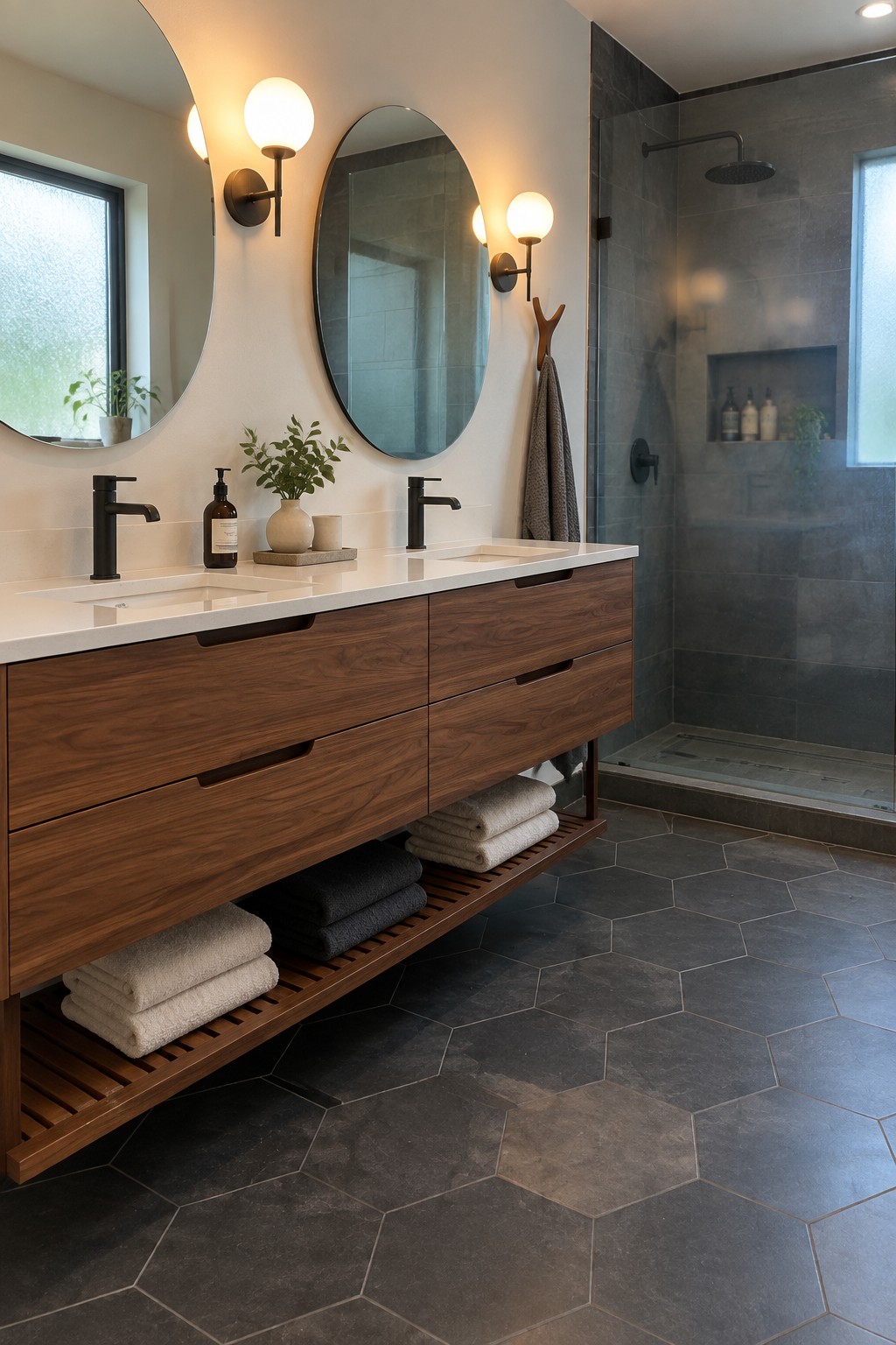 A contemporary bathroom with a long floating wooden double vanity, white countertop, two round mirrors with wall sconces, black faucets, and an open slatted lower shelf holding folded towels beside a glass shower enclosure.