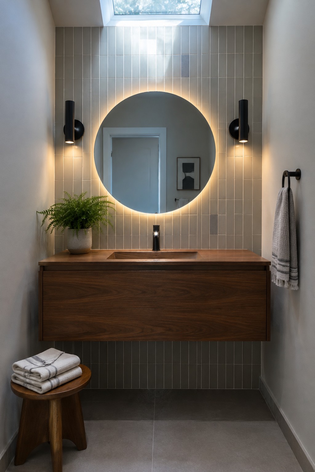 Modern bathroom with floating wood vanity, backlit round mirror, and black sconces