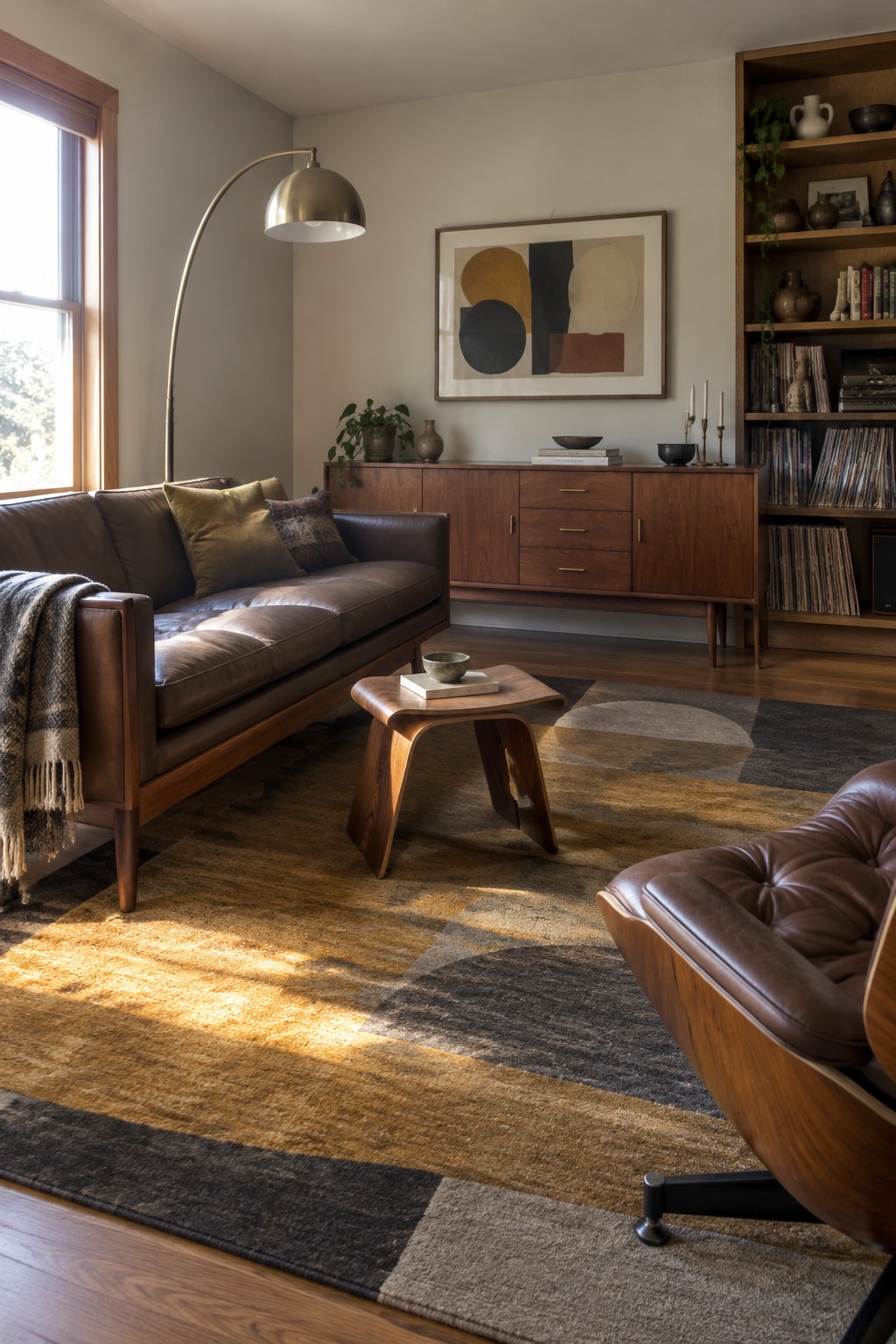 A mid-century modern living room featuring a brown leather sofa, wooden coffee table, and tufted lounge chair arranged on a large geometric area rug in brown, gray, and ochre tones, with a wooden credenza and bookshelf visible in the background.