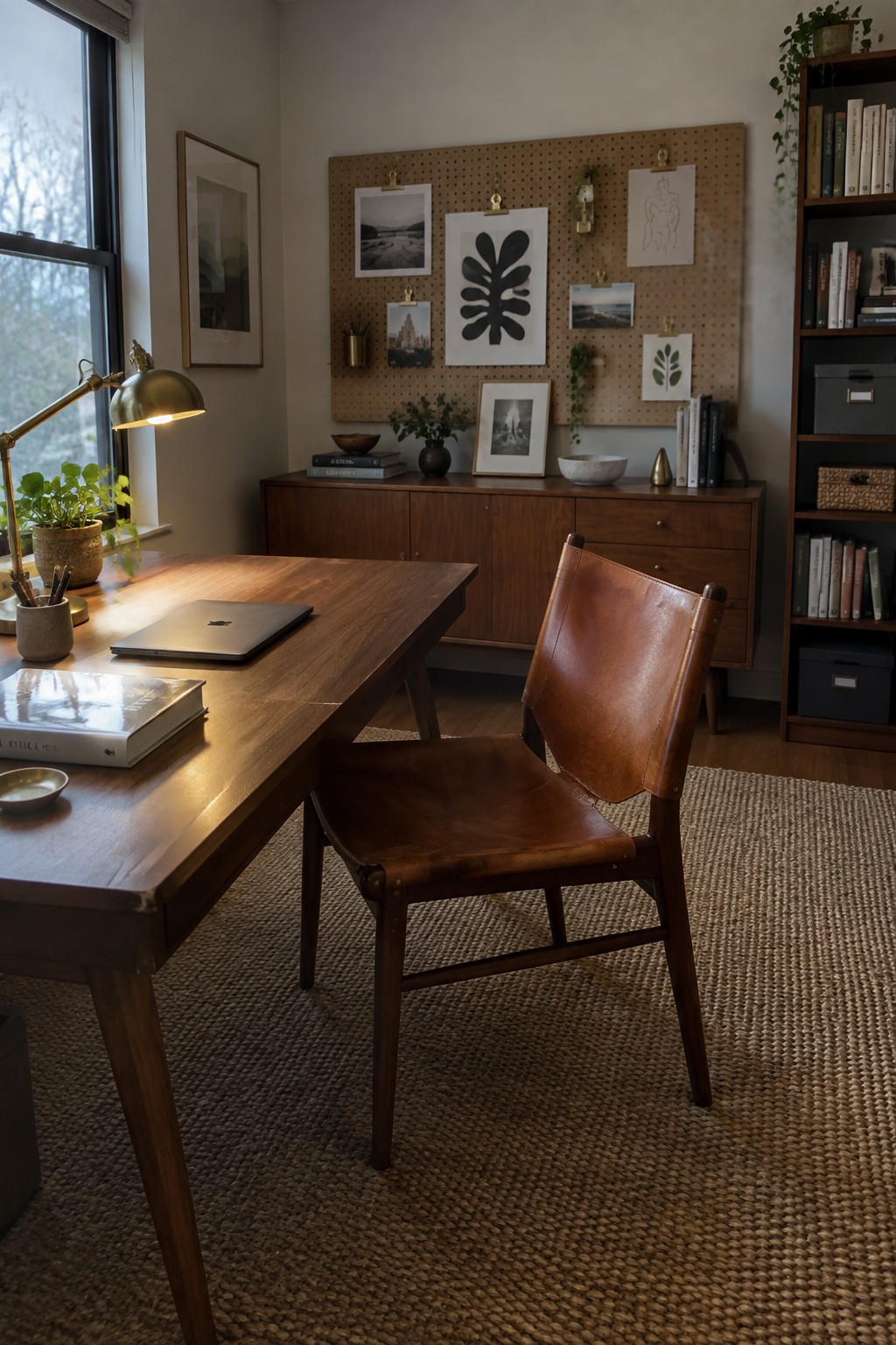 Wooden desk with brown leather chair, laptop, lit lamp, and pegboard art wall