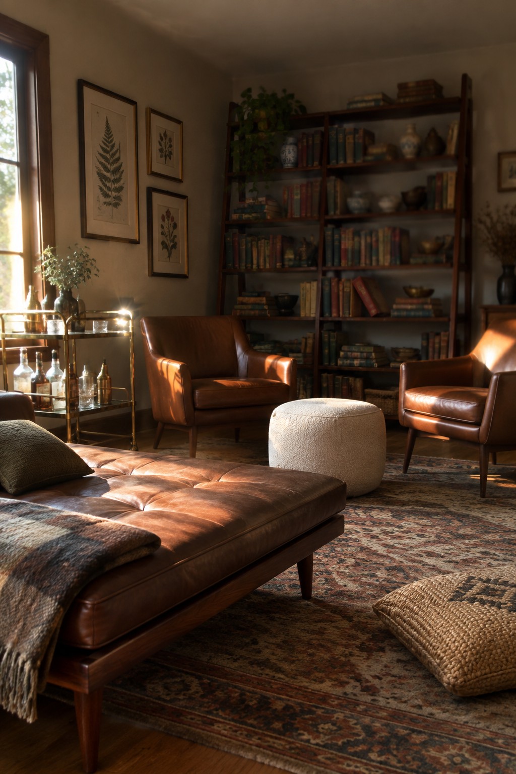 A mid-century modern living room with a large tufted brown leather daybed in the foreground, two matching leather armchairs, a round ottoman, and a tall wooden bookshelf filled with books.