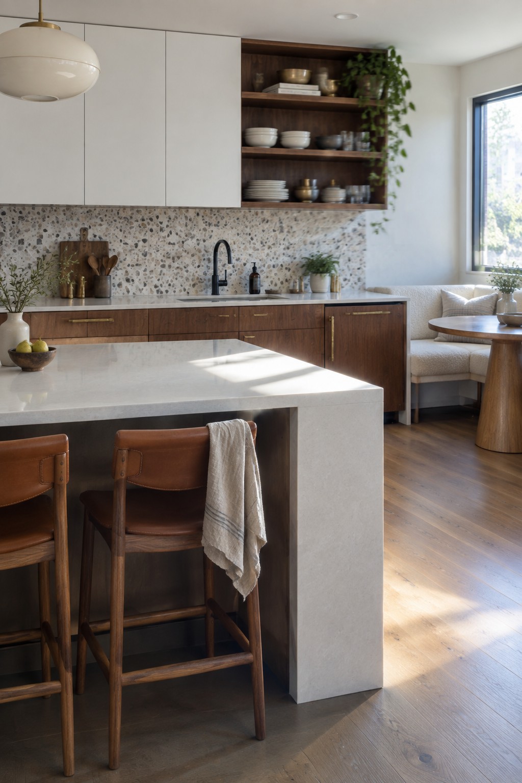 A modern kitchen with a white marble island, two wooden bar stools with brown leather seats, dark wood lower cabinets, a terrazzo backsplash, and floating wood shelves above the sink.