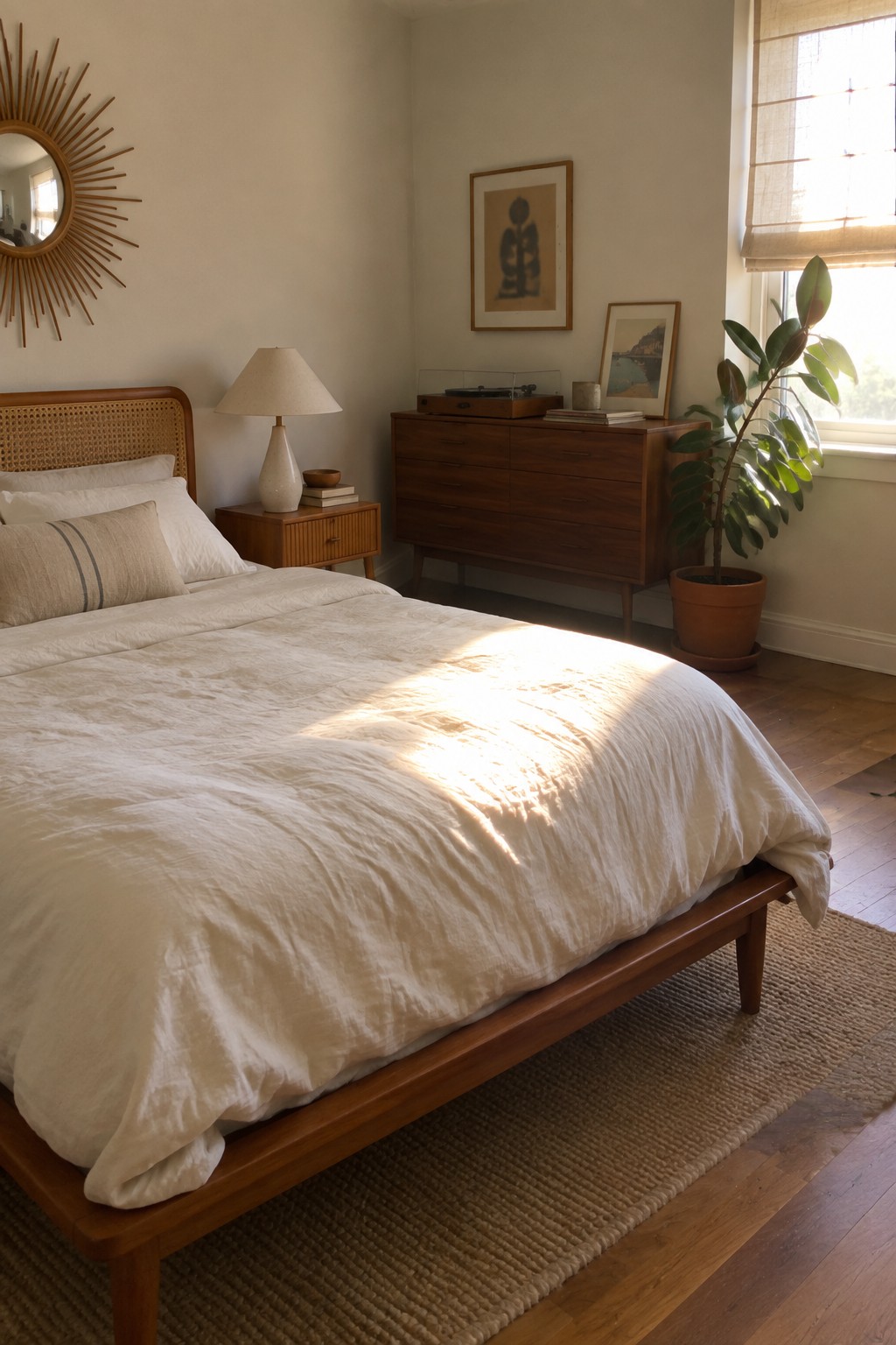 Sunlit bedroom with wooden bed, white linens, rattan headboard, dresser, and potted plant