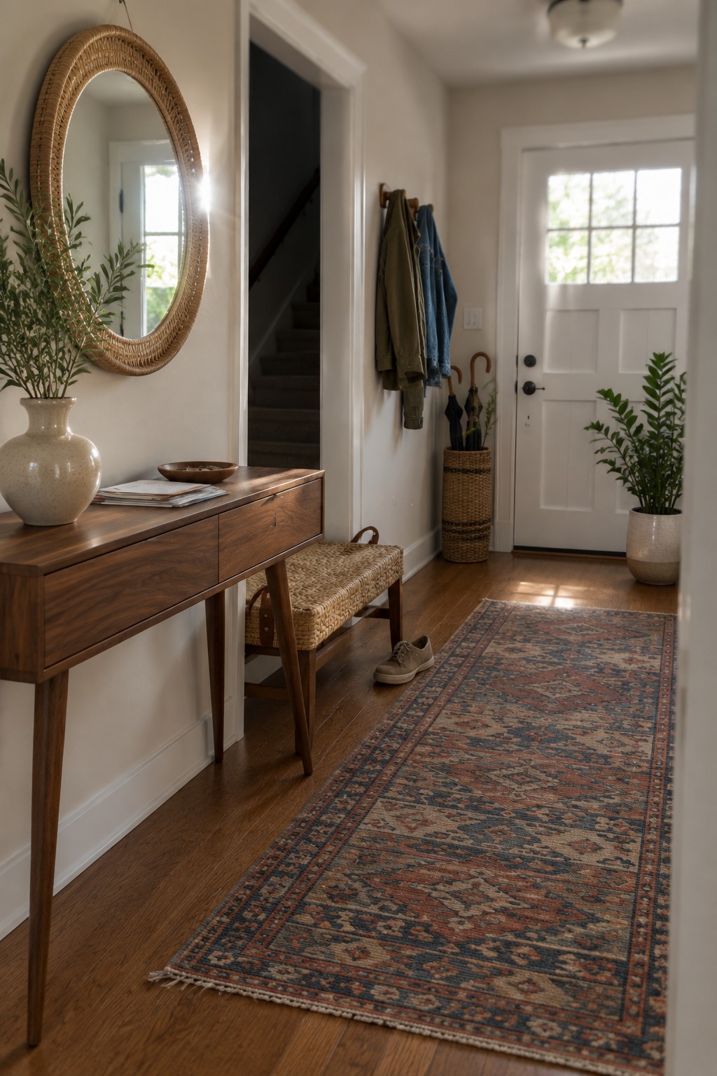A wooden mid-century console table with tapered legs sits against a white wall in a sunlit entry hallway, accompanied by a woven bench, round rattan mirror, and patterned runner rug on hardwood flooring.