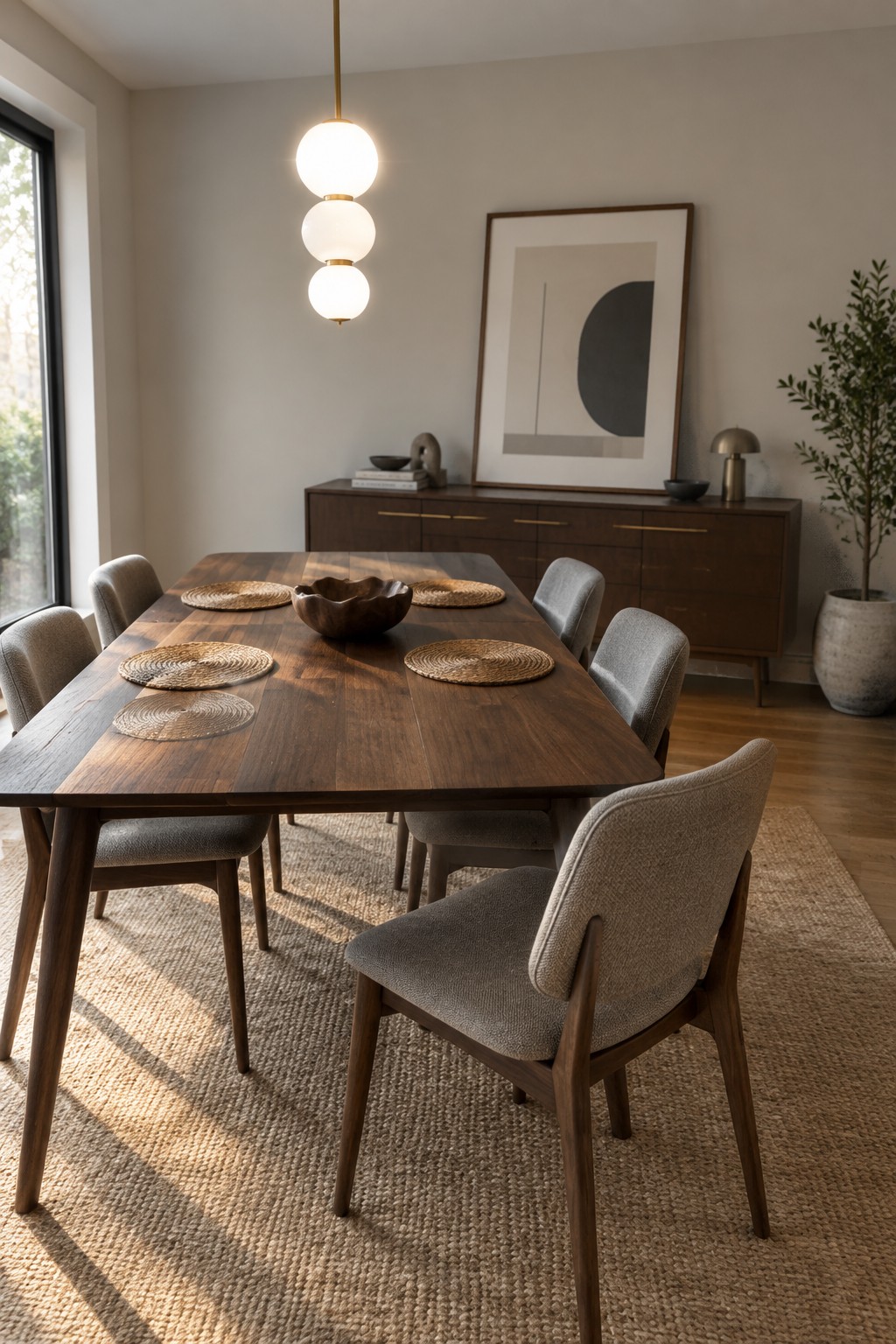 A mid-century style dark wood dining table with six upholstered gray chairs sits on a woven rug beneath a three-globe pendant light, with a wooden sideboard and abstract artwork visible in the background.