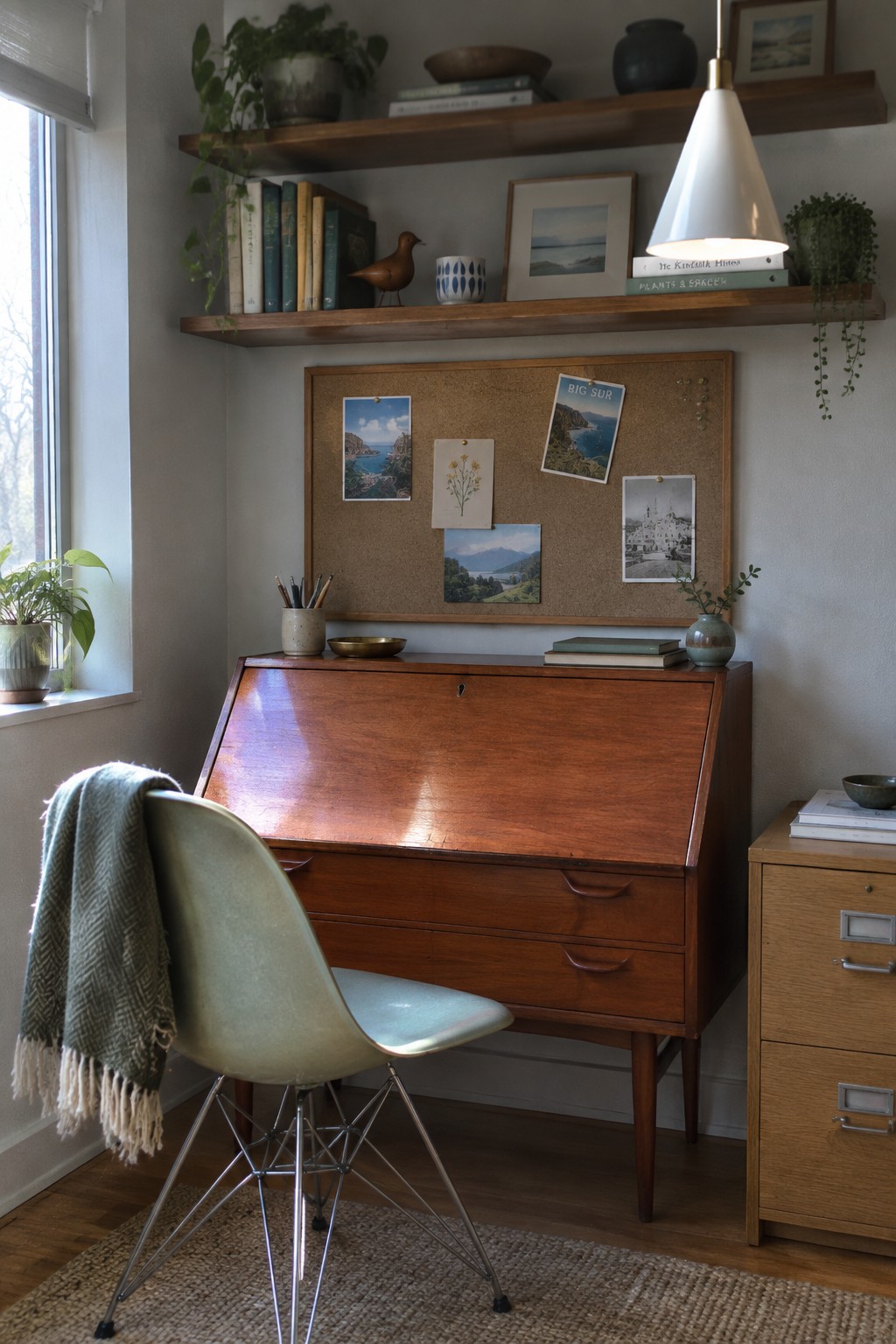 A wooden mid-century drop-front desk with an Eames-style chair in front, set beneath floating shelves and a corkboard displaying photos and prints.