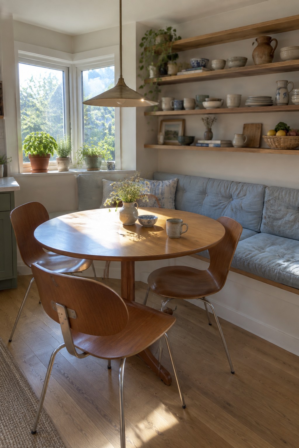 A round wooden dining table with four mid-century modern wooden chairs featuring metal legs, placed beside a light blue built-in upholstered bench and open wooden shelves holding dishes and pottery.