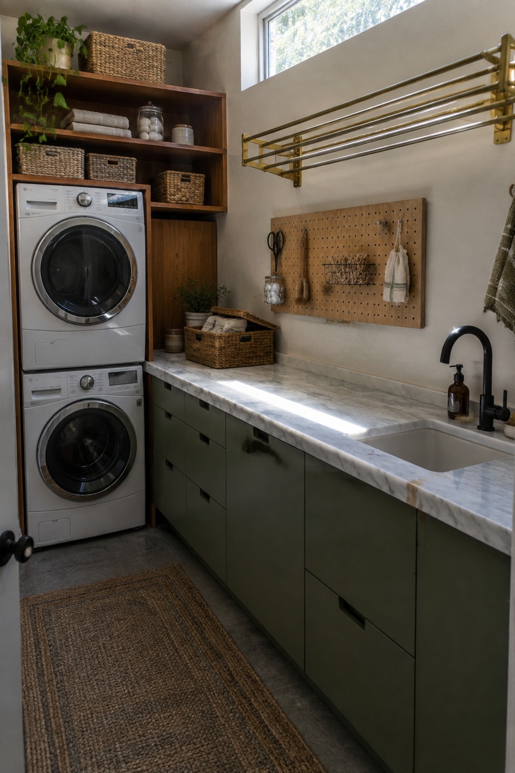 Laundry room with stacked washer and dryer, green cabinets under a marble countertop with sink, pegboard on the wall holding tools, and open wood shelves above the machines.