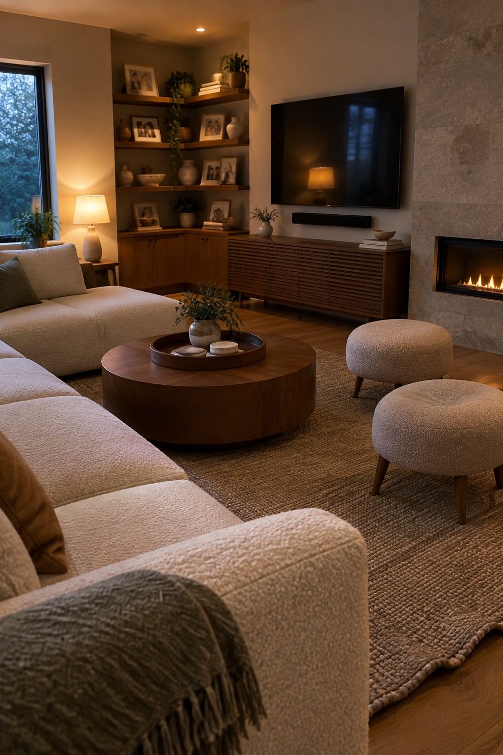 A living room with a large round wooden coffee table on a textured rug, a white sectional sofa, two round ottomans, built-in wooden shelves, a wall-mounted television, and a stone fireplace.