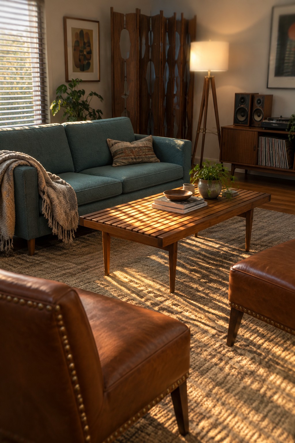 Sunlit living room with teal sofa, slatted wood coffee table, and leather chairs.