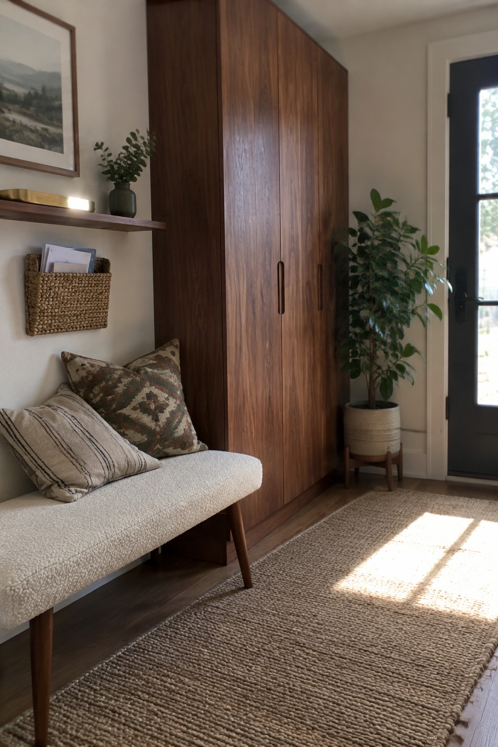 A tall walnut cabinet stands beside a white upholstered bench with two pillows on a woven rug in a light entryway with a potted plant and floating shelf.