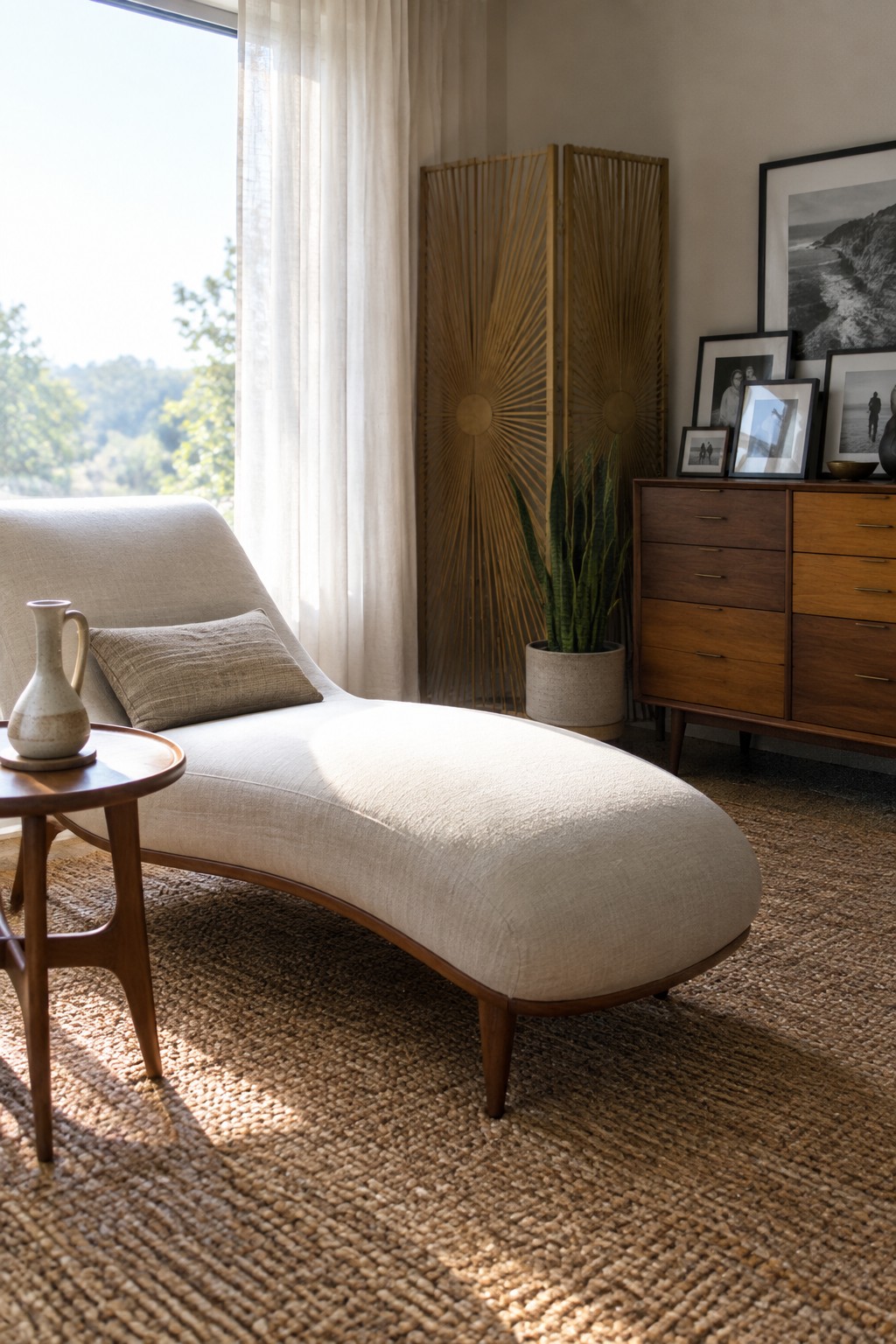 Beige chaise lounge on woven rug beside wooden table and sunburst screen in sunlit room