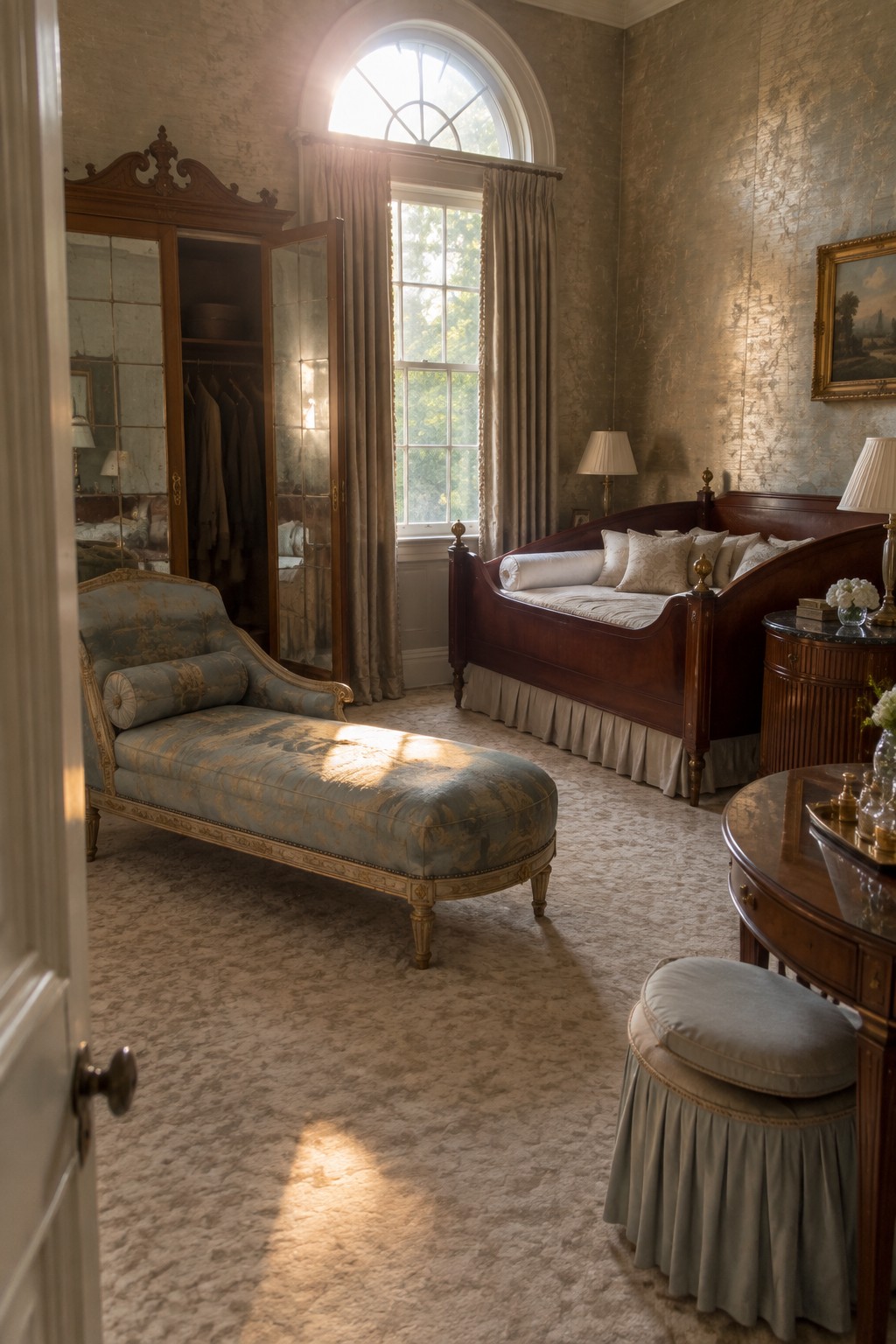 A sunlit traditional bedroom with a blue patterned chaise lounge in the foreground, a wooden sleigh bed against the back wall, and an open armoire near the window.