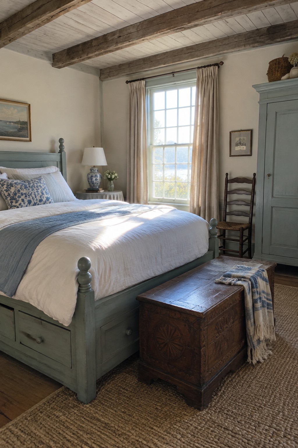 A bedroom with a painted blue bed, white bedding, and a dark carved wooden chest placed at the foot of the bed on a woven rug.