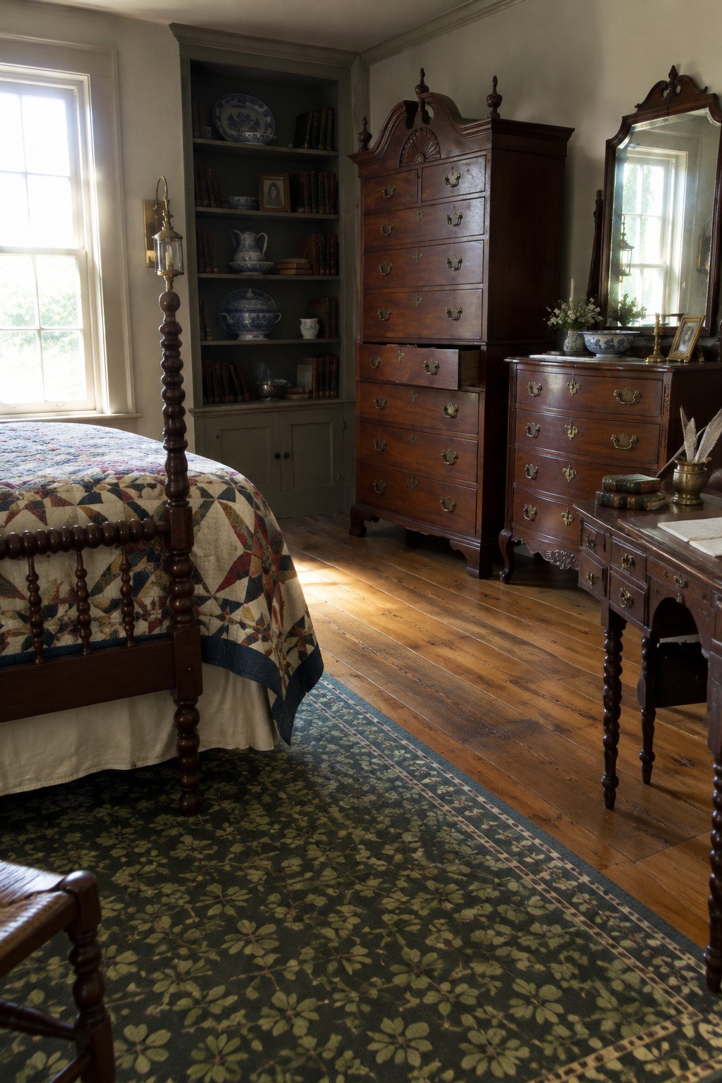 Sunlit colonial bedroom with four-poster bed, quilt, dark wood furniture, and floral rug.