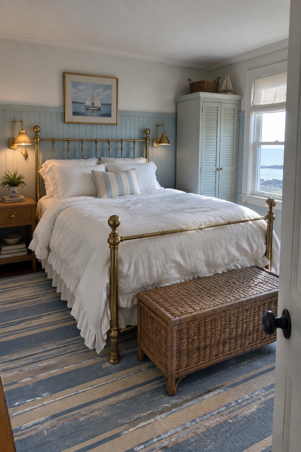 A bedroom with a brass bed frame dressed in white linens, a large wicker chest at the foot of the bed, a blue striped rug, light blue wainscoting, and a window view of the ocean.