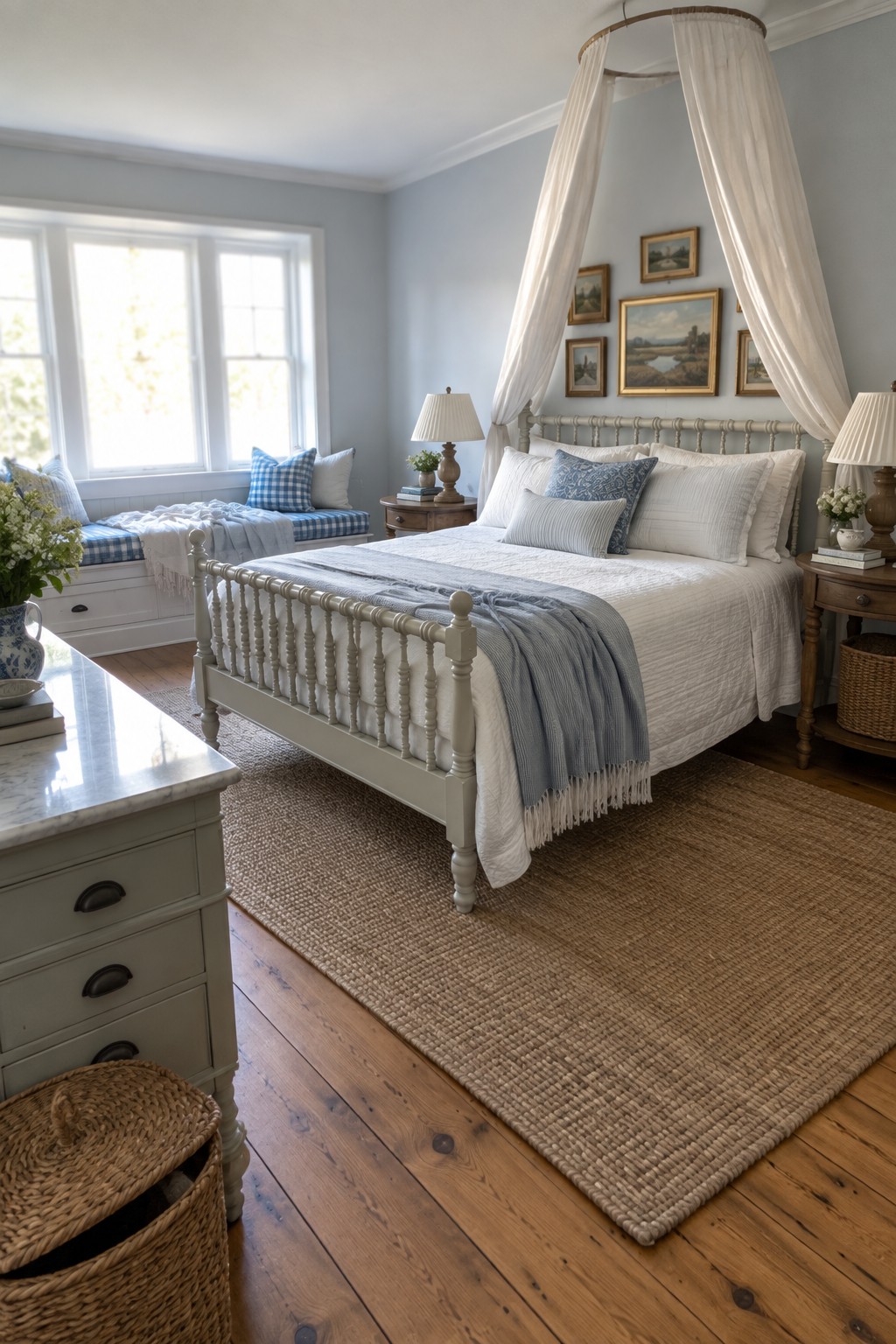 A bedroom with a white four-poster canopy bed dressed in white and blue linens, a window seat with blue check cushions, and a large jute rug on wood floors.