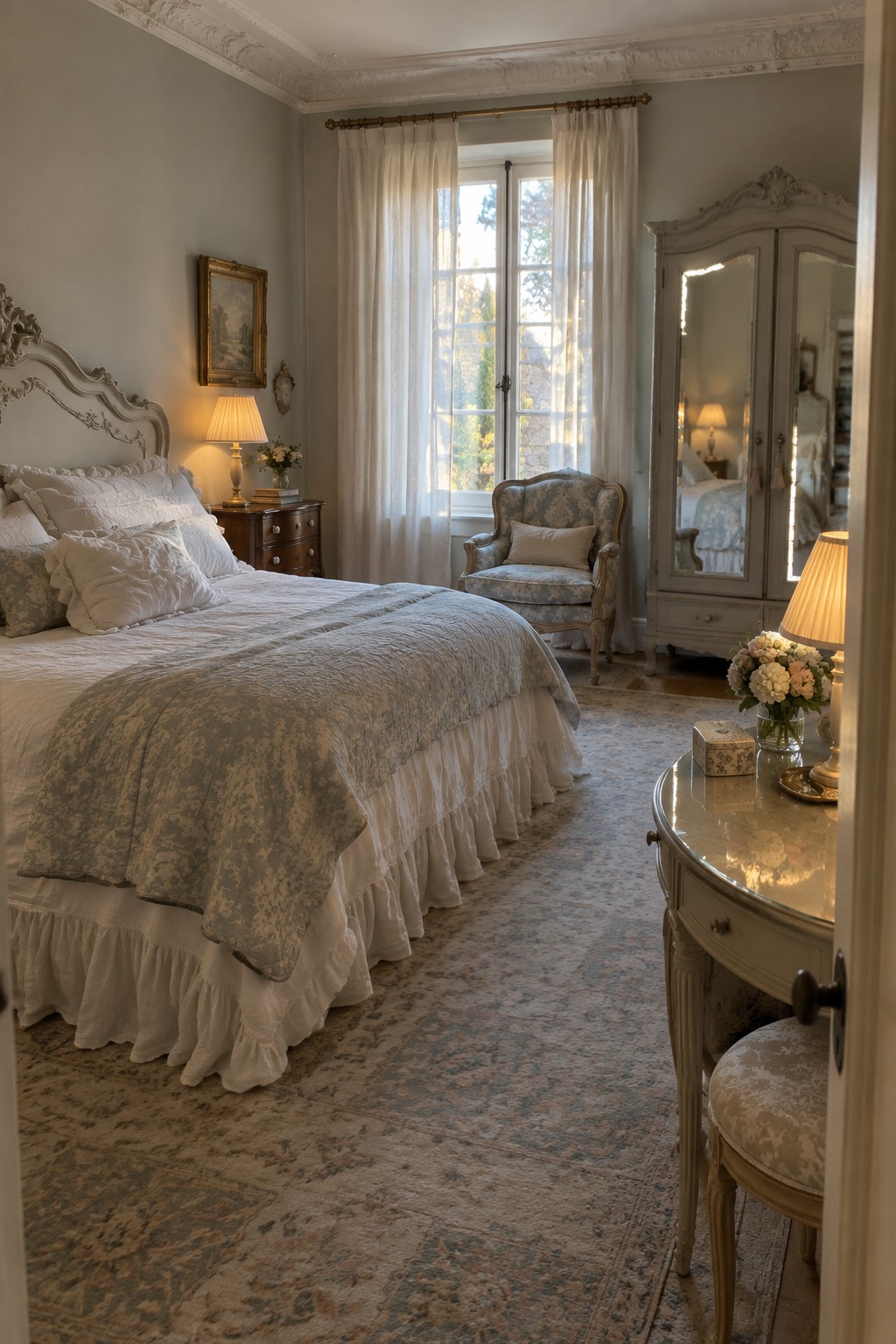 A traditional bedroom featuring a large bed with white and blue patterned linens, a carved white headboard, a blue upholstered armchair, a tall white mirrored armoire, and a curved vanity table with flowers.