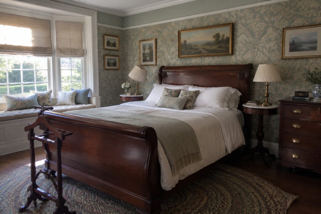 A traditional bedroom centered on a dark wood sleigh bed with white linens and a patterned throw, placed on a round braided rug beside a window seat.