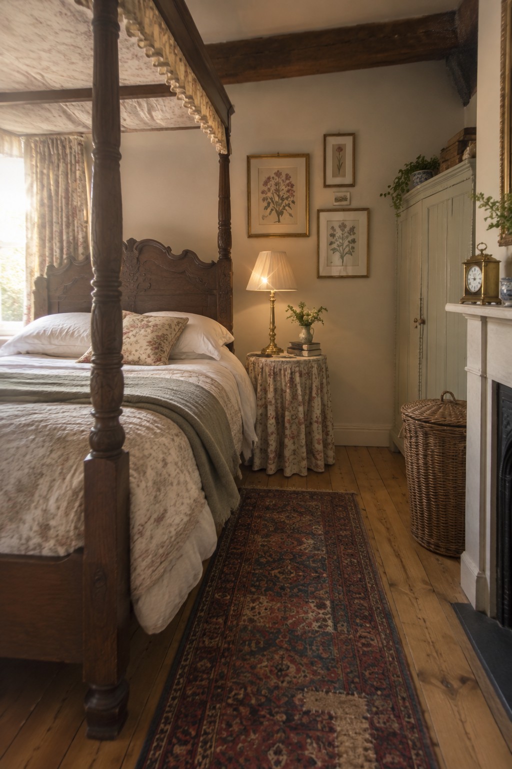 A bedroom interior with a dark wooden four-poster bed, floral bedding, a patterned runner rug, and a round bedside table holding a lamp and small vase of flowers.