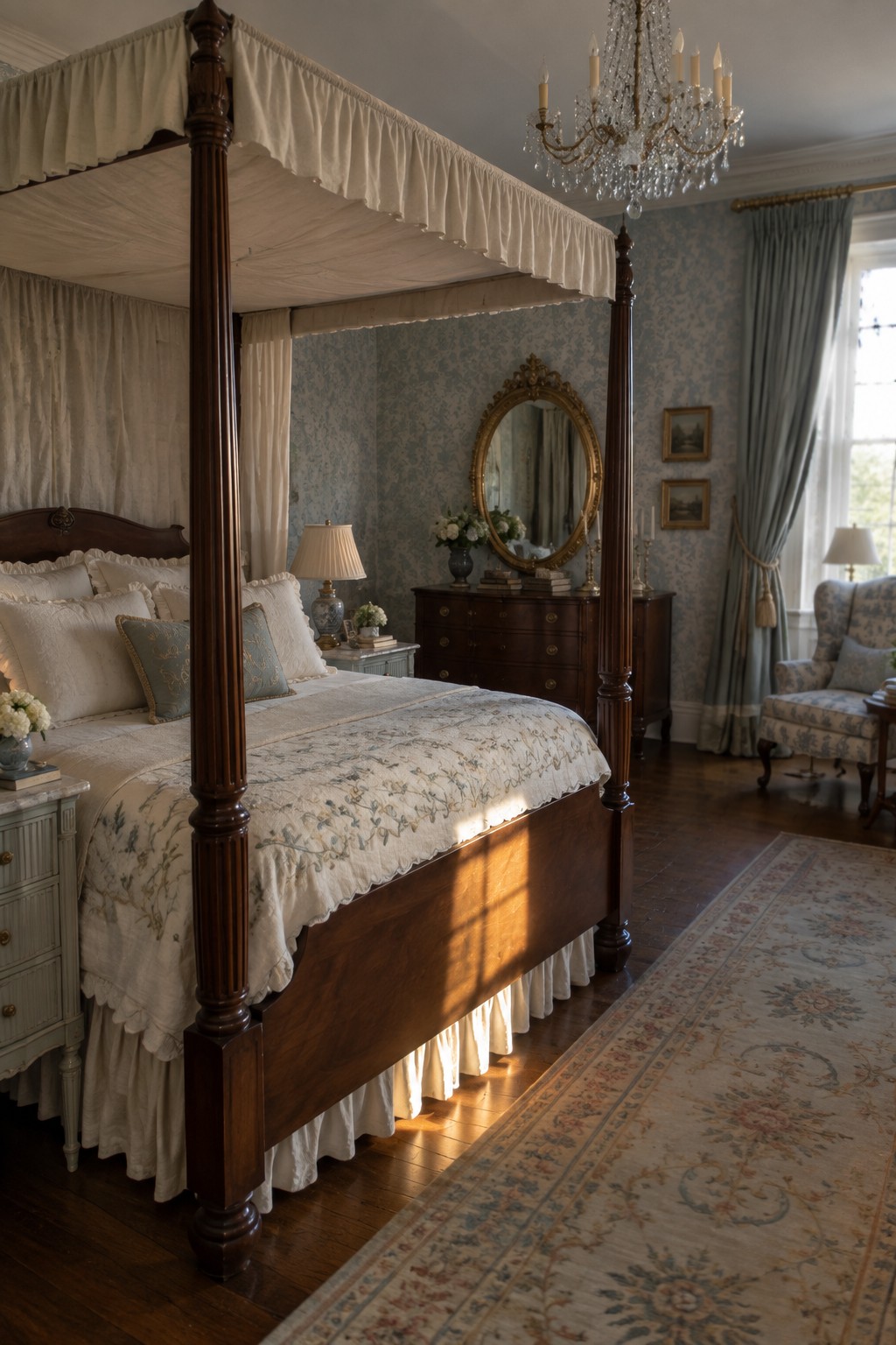 A bedroom with a dark wood four-poster canopy bed dressed in white embroidered linens, a crystal chandelier overhead, and matching wooden dressers against patterned wallpaper.