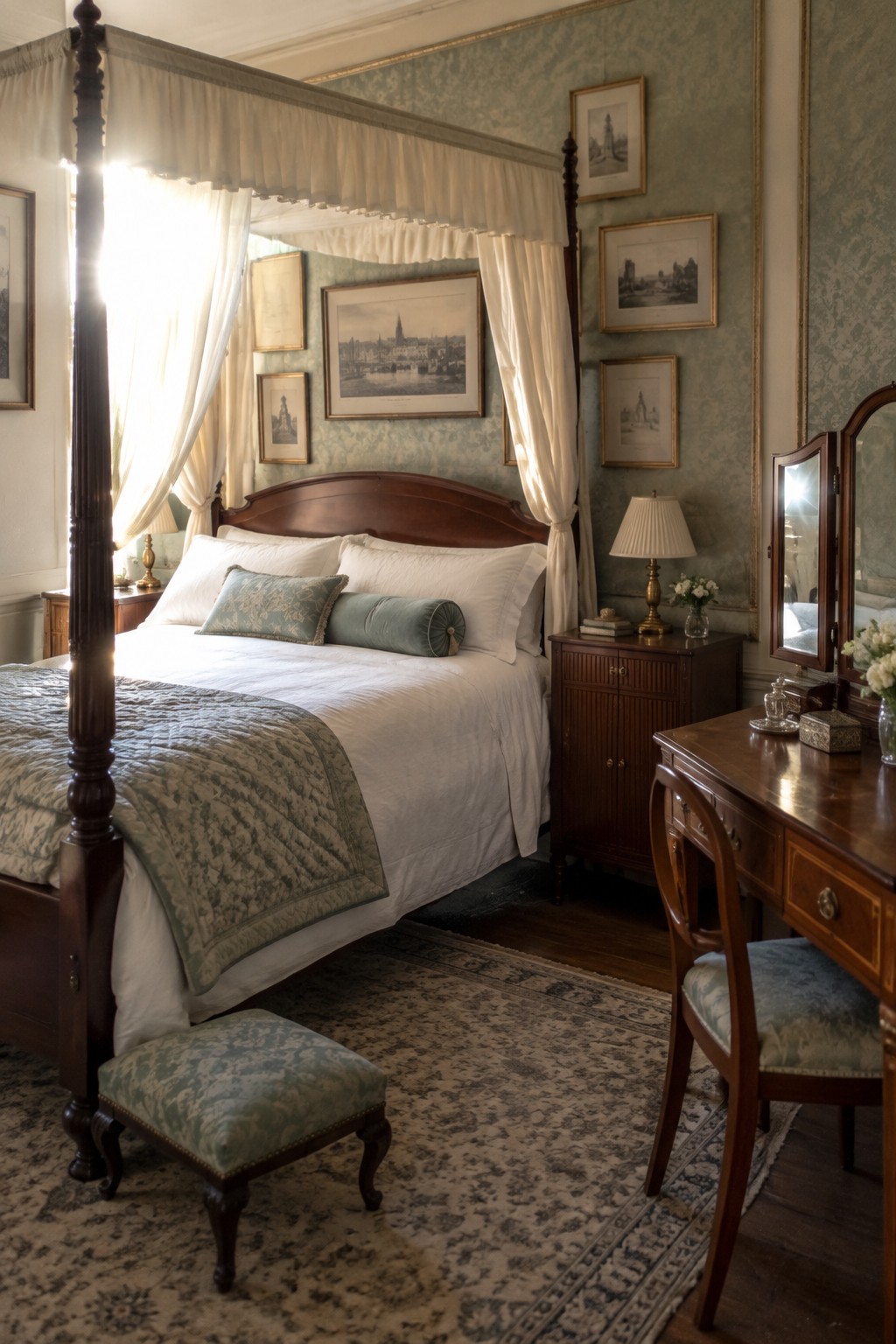 Elegant four-poster bed with white linens and green accents in a sunlit traditional bedroom