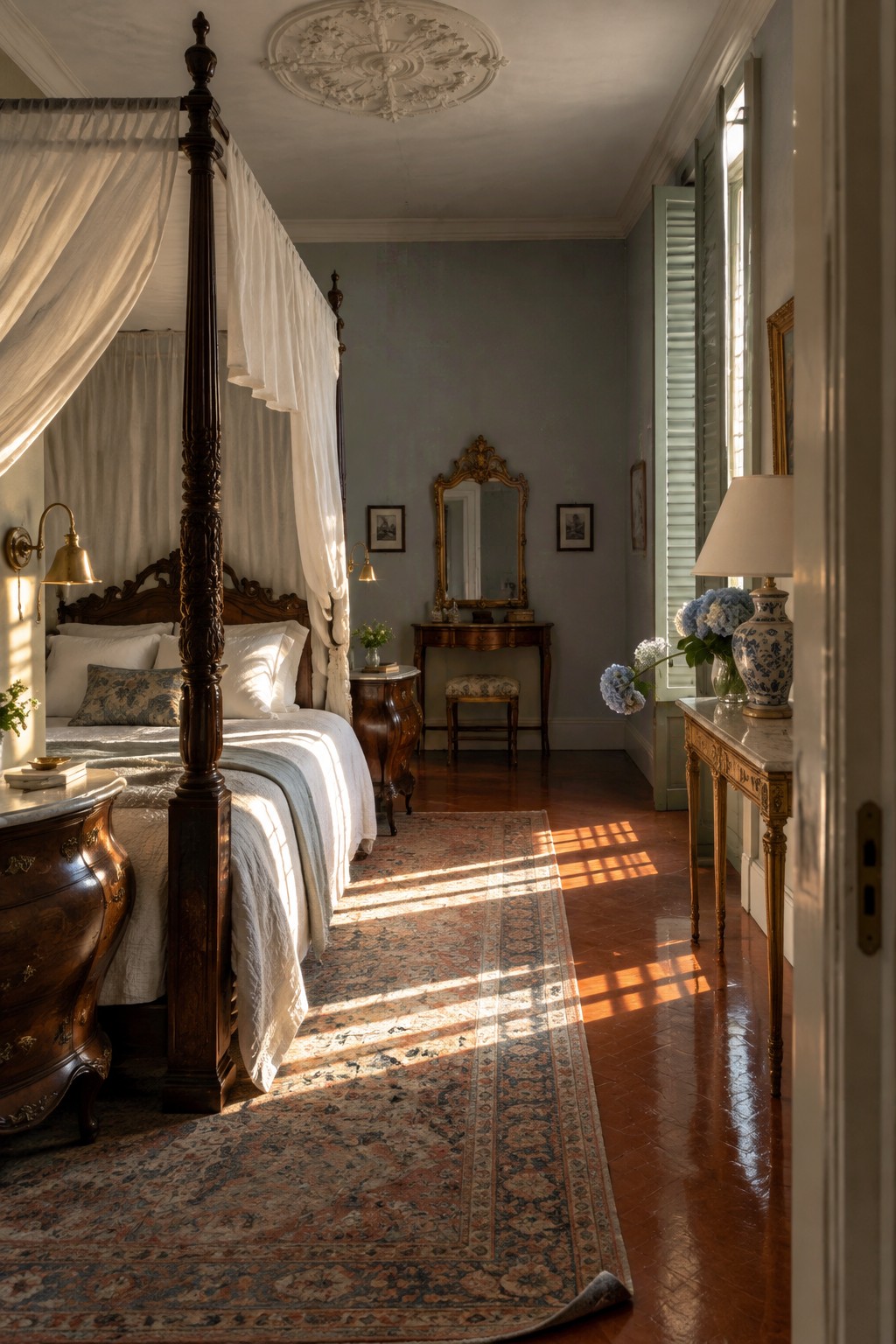 A sunlit traditional bedroom with a dark wood four-poster bed draped in white fabric, an ornate vanity with mirror, a patterned rug on polished wood floors, and blue and white porcelain accents on side tables.