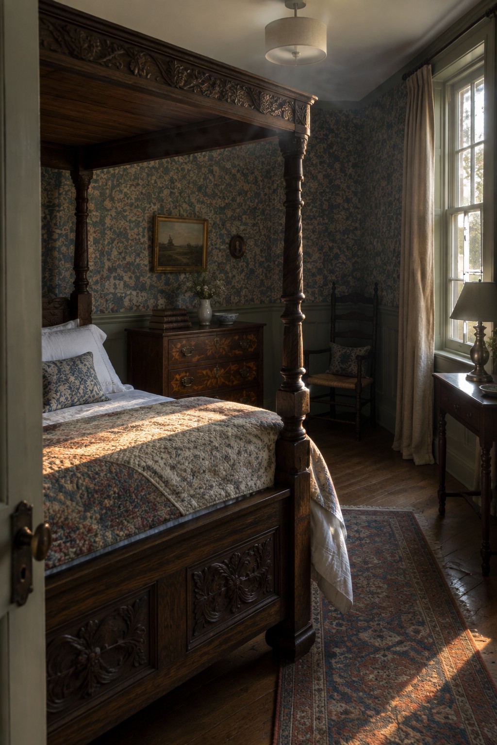 A traditional bedroom centered on a large dark wood four-poster bed with carved posts, floral wallpaper, and sunlight across the quilt.