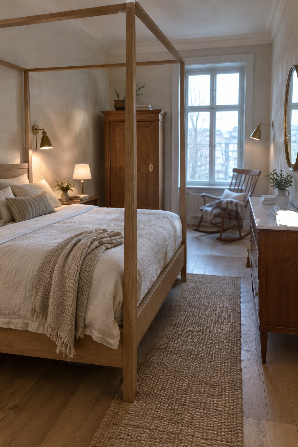 A bedroom with a light wood four-poster bed dressed in white linens, a woven rug on the floor, and traditional wood furniture including a dresser and rocking chair.