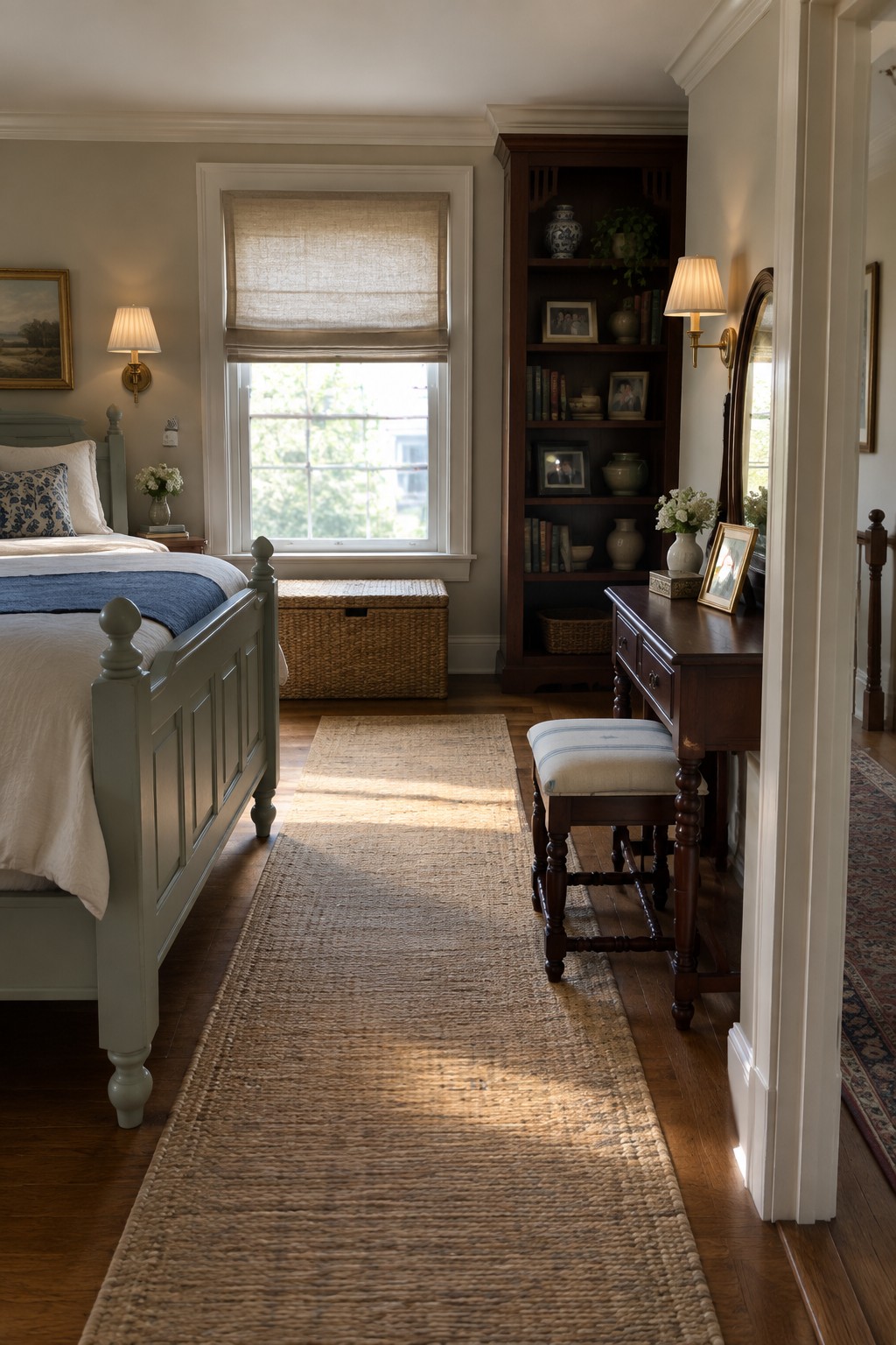 Cozy bedroom with sage green bed, dark wood vanity, bookshelf, and woven jute runner.