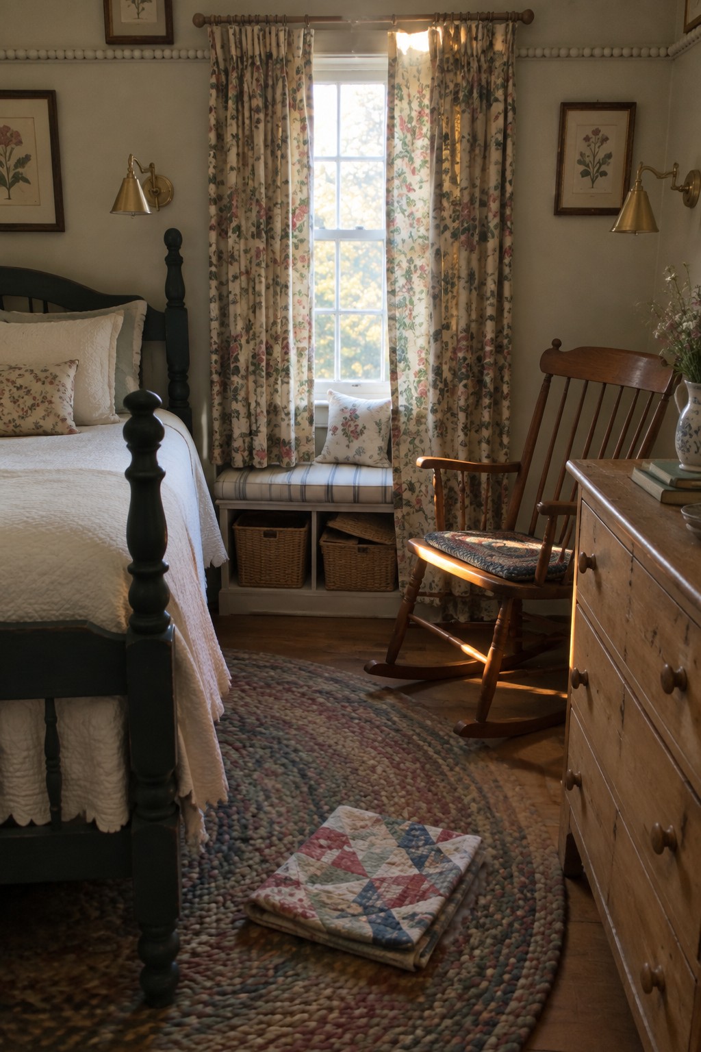 A traditional bedroom with a dark wooden bed, floral curtains on a window, a wooden rocking chair with a patterned cushion, and a round braided rug on the floor.