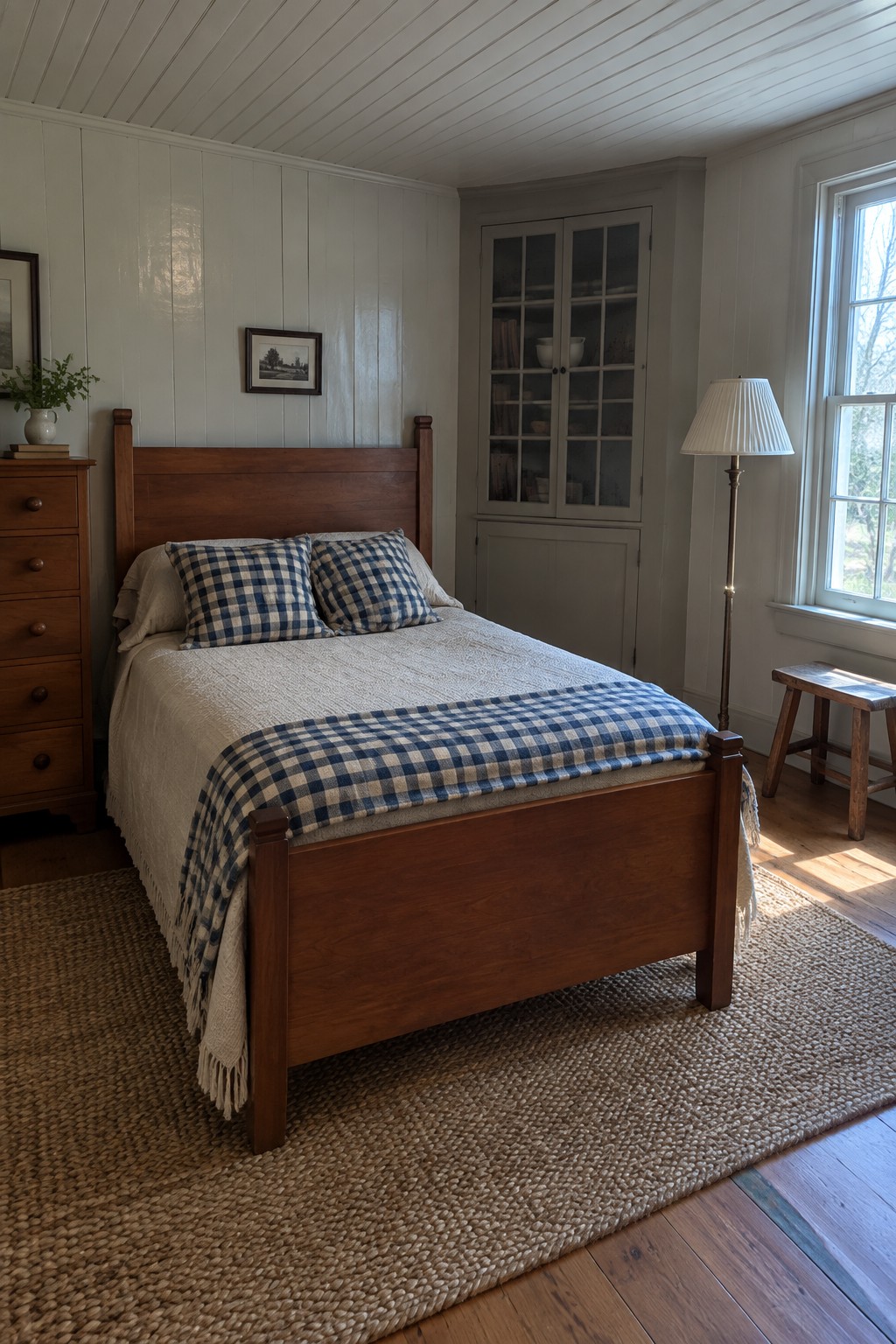 A bedroom with a dark wood bed frame, blue and white checkered pillows and throw, a wooden dresser on the left, and a built-in cabinet in the corner.