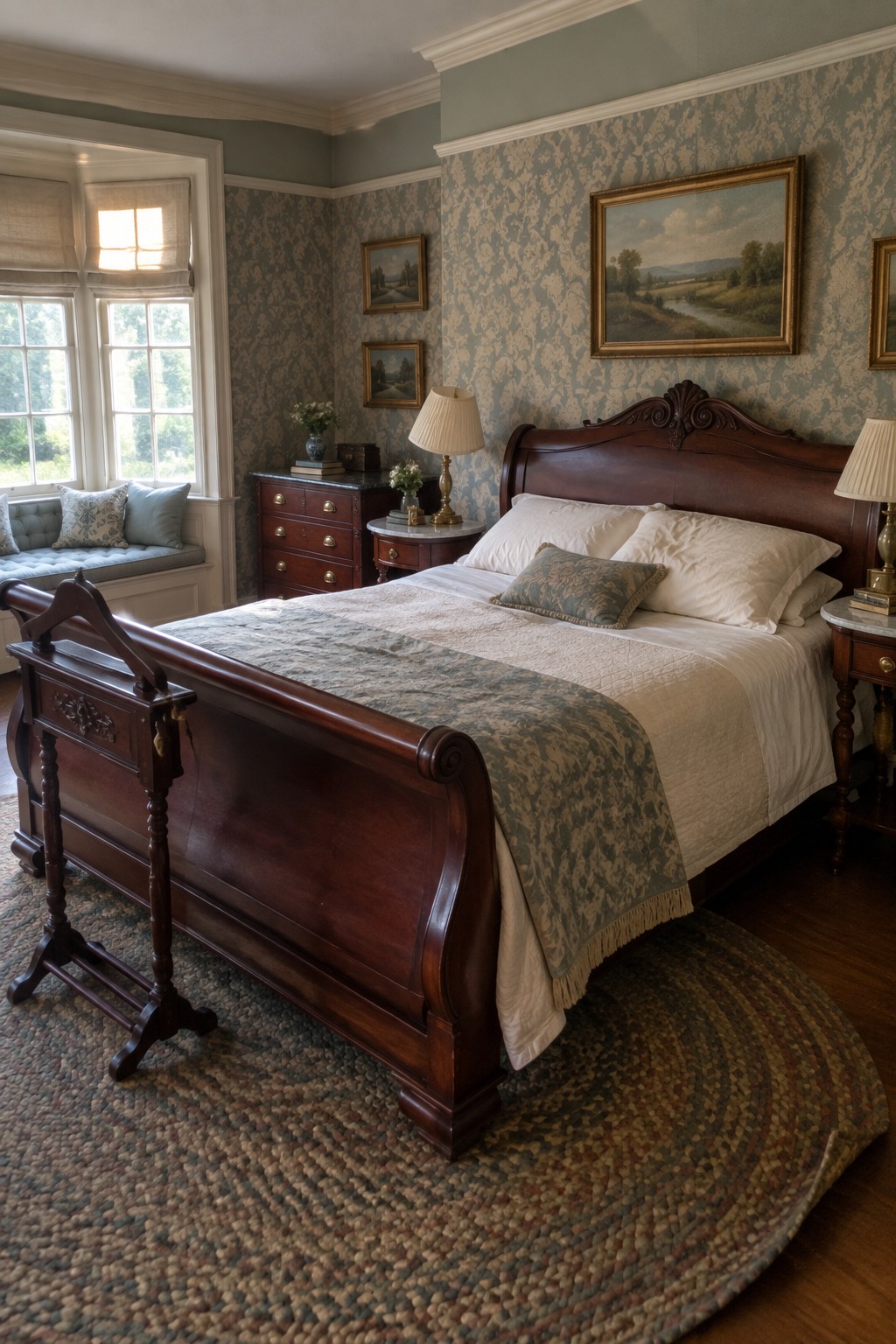 A traditional bedroom centered on a dark wood sleigh bed with white linens and a patterned throw, placed on a round braided rug beside a window seat.