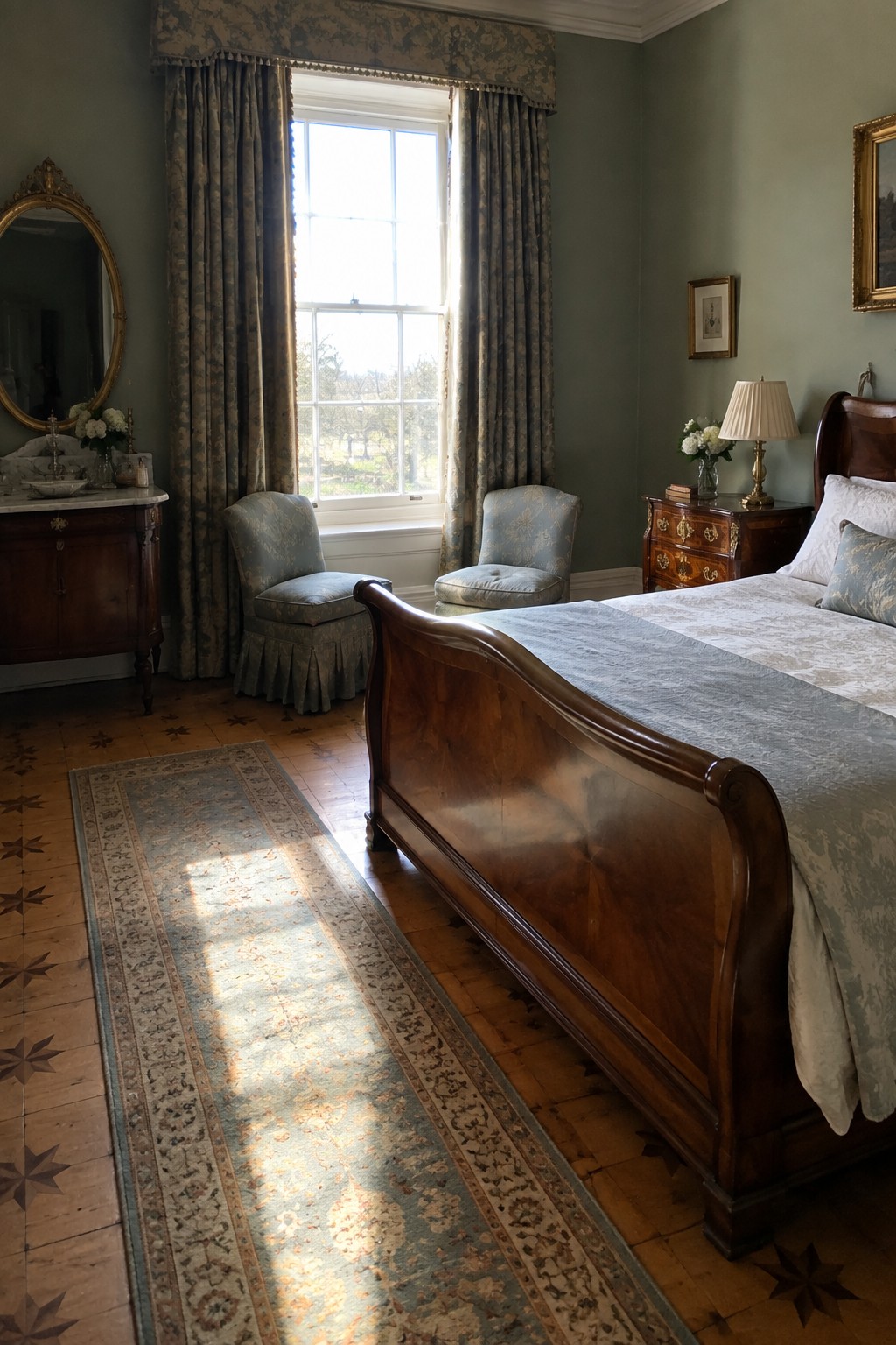 A bedroom interior featuring a large wooden sleigh bed with blue patterned bedding, two upholstered chairs positioned in front of a window, a long patterned runner rug on the wood floor, and a wooden dresser with a lamp.