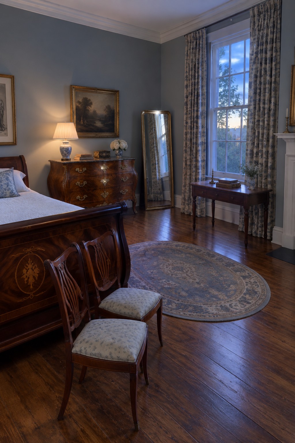 Elegant bedroom with antique wooden bed, chairs, oval rug, and dusk-lit window