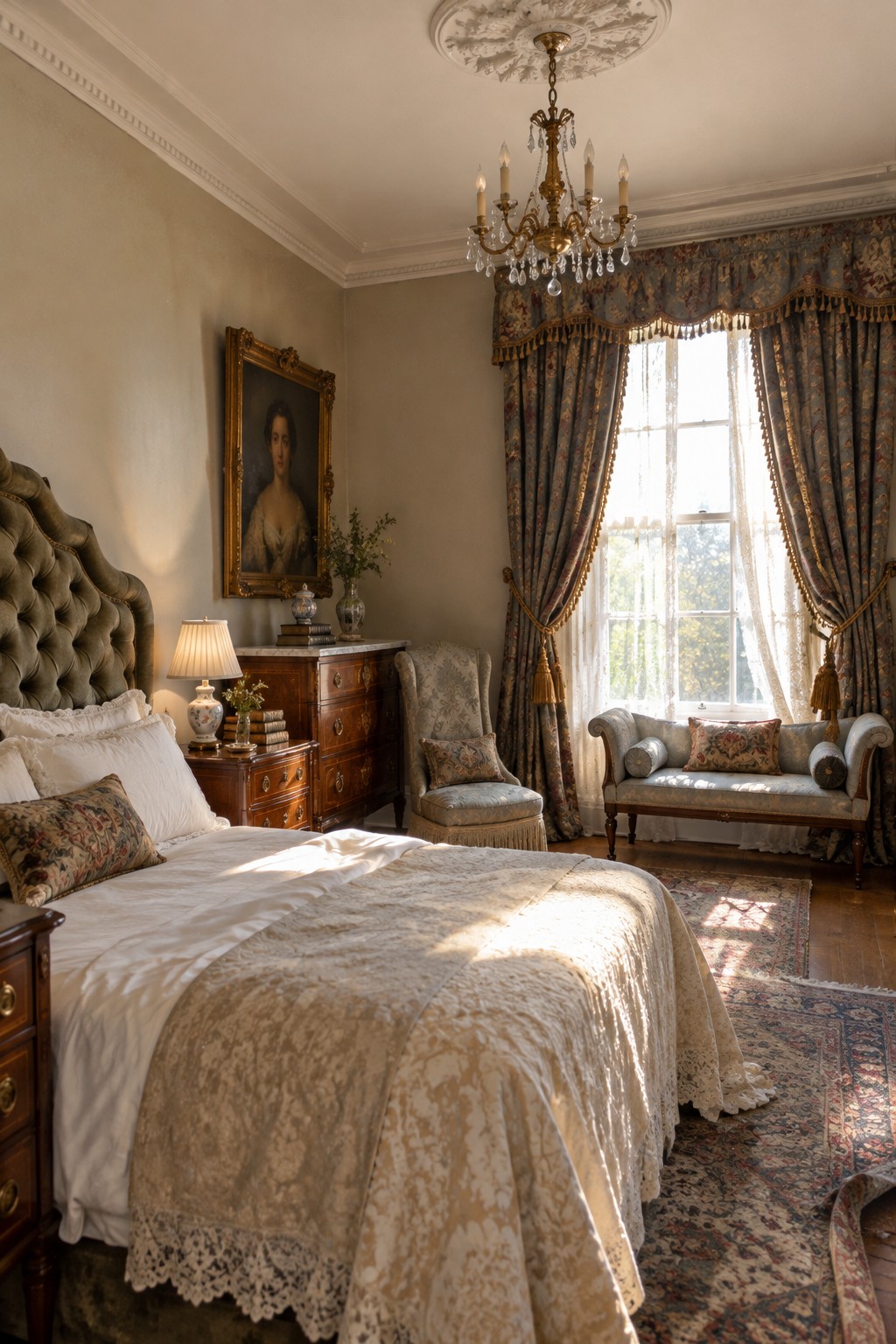 A bedroom with a large bed featuring an olive green tufted headboard, white linens, a wooden marble-top dresser, an upholstered armchair, a window settee, patterned rugs, and a crystal chandelier.