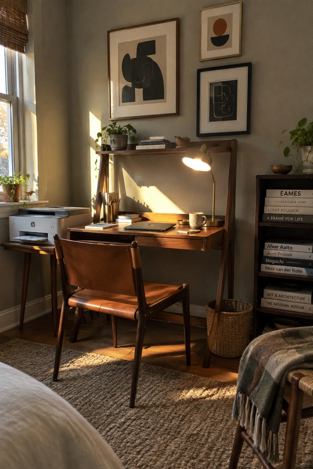 Sunlit wooden desk with leather chair, books, abstract art, and plants in modern room