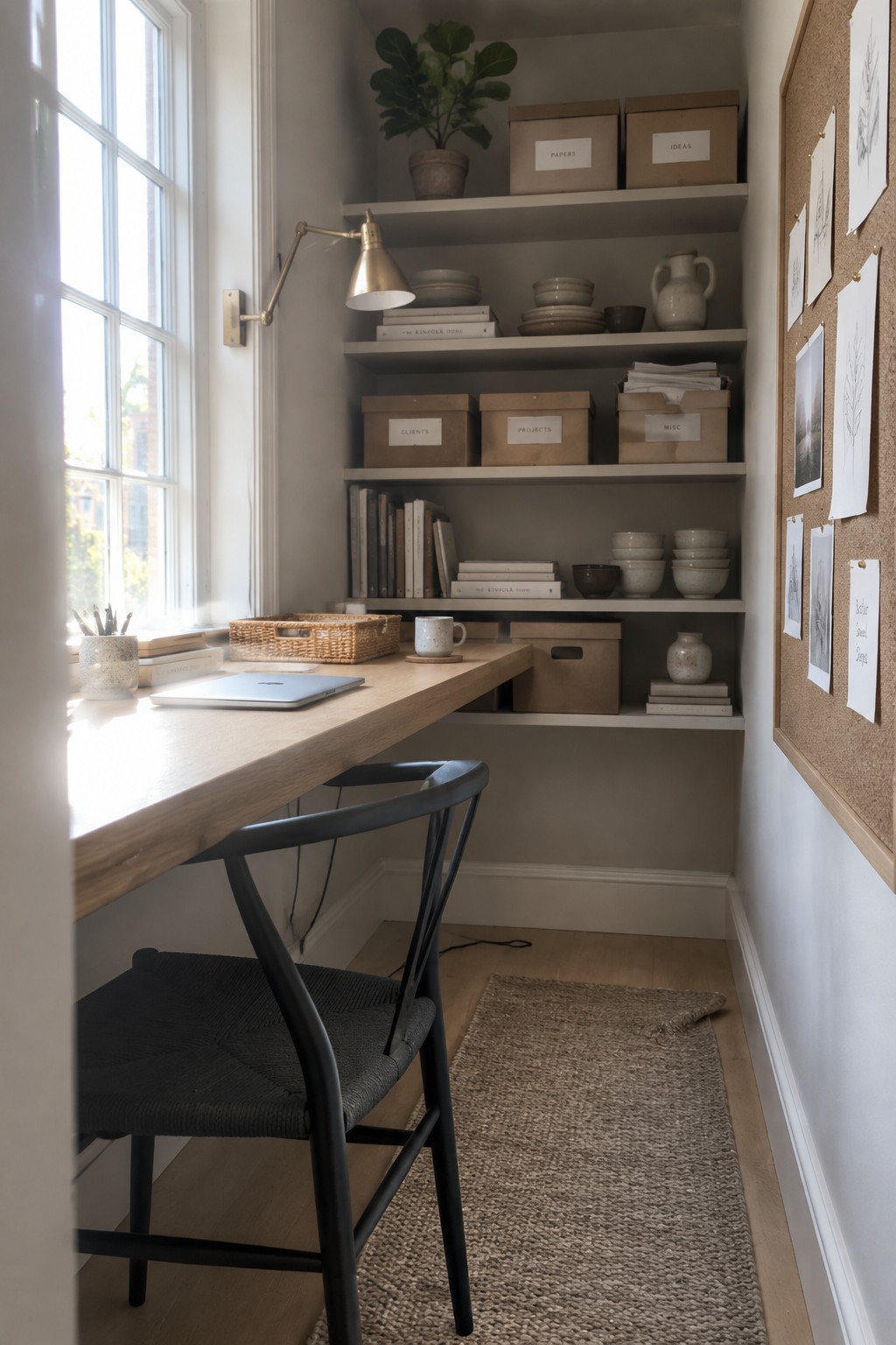 A narrow home office features a wooden desk beneath a window, white open shelving above holding labeled storage boxes and books, a black chair pulled up to the desk, and a corkboard mounted on the right wall.