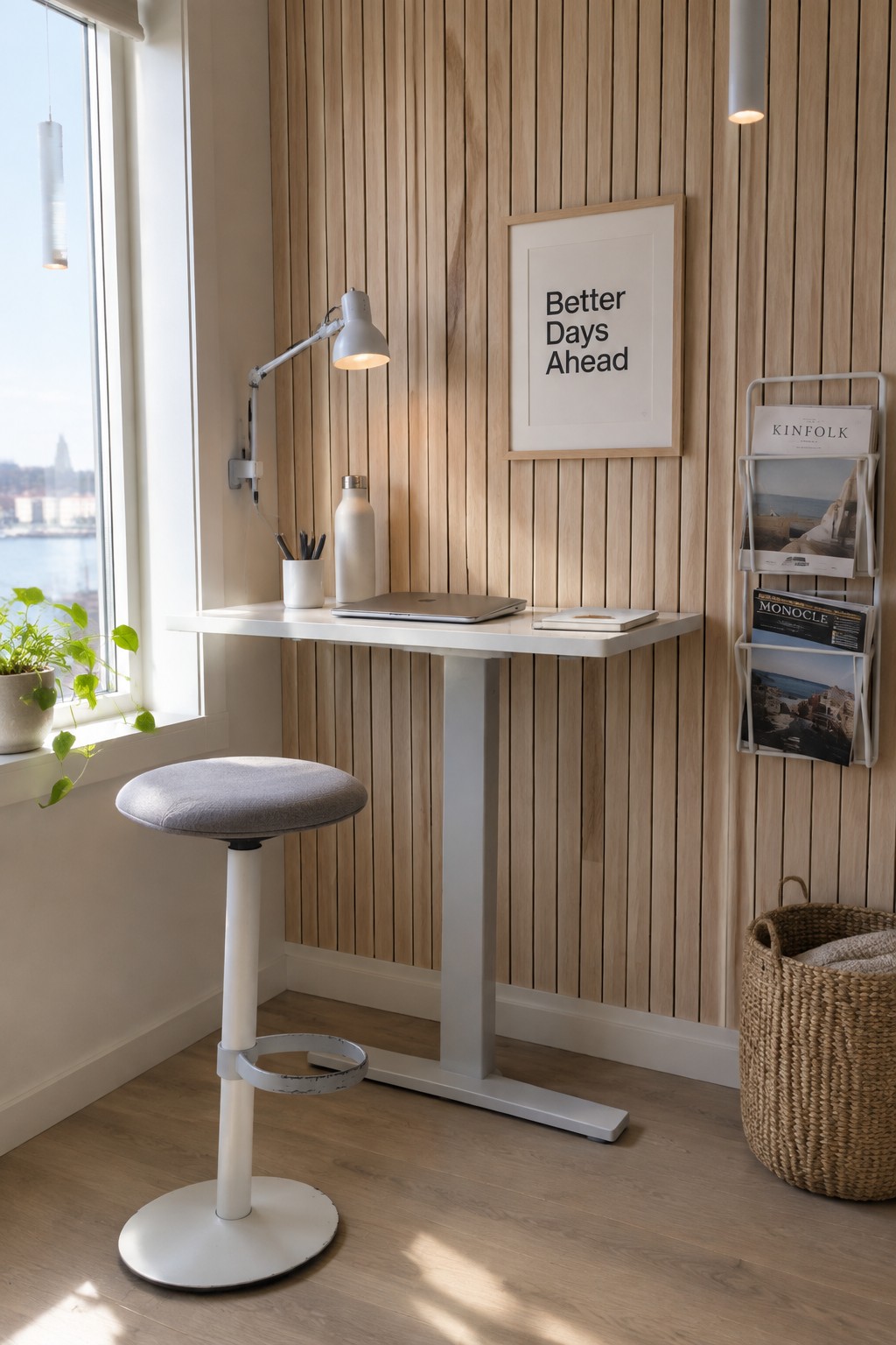 A compact white adjustable desk with a laptop and lamp sits against a light wood wall beside a window, with a gray upholstered stool positioned in front.