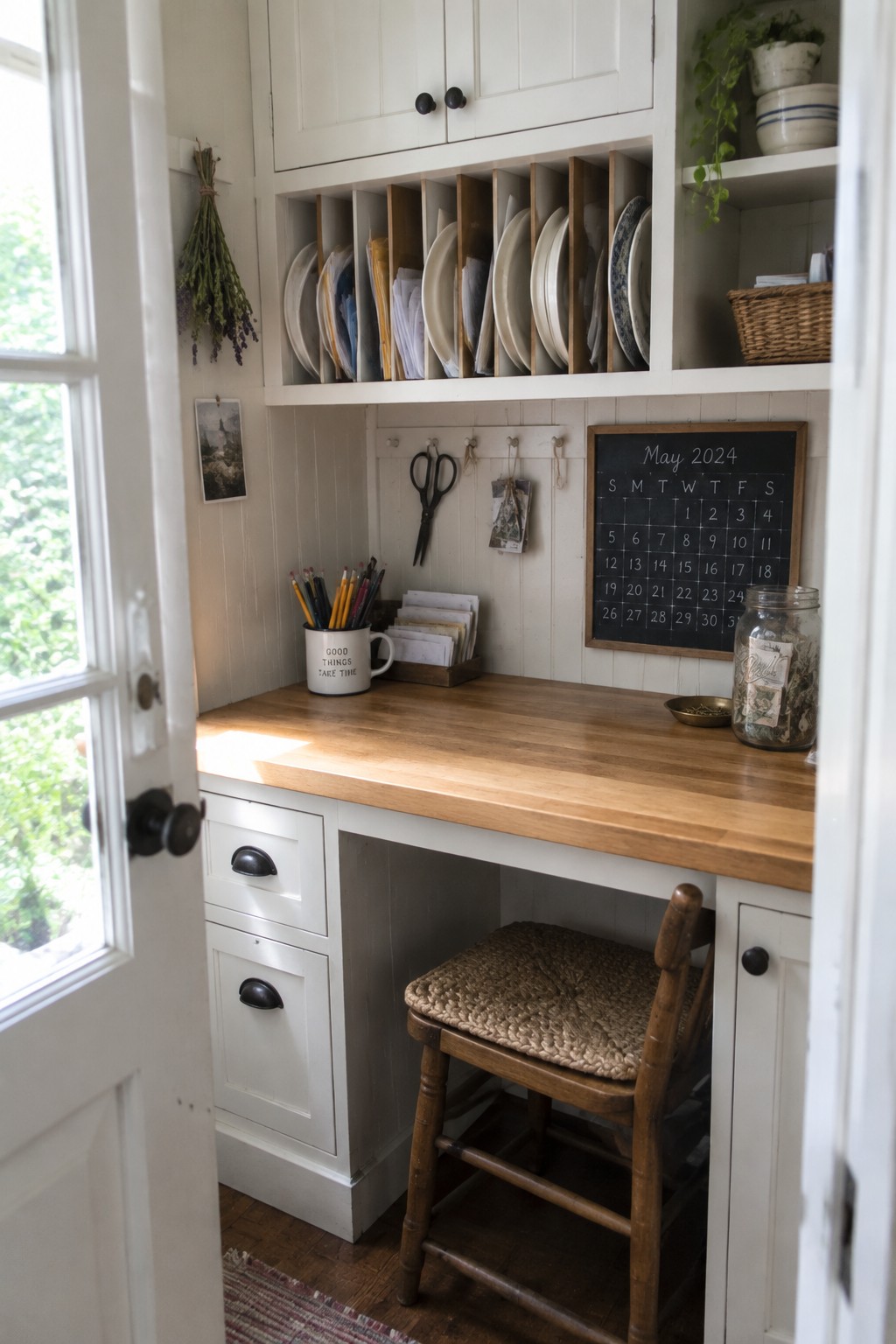 A small built-in desk with a wooden countertop set into white cabinetry, open cubbies above holding plates and files, two drawers below, a woven seat stool, and a chalkboard calendar on the wall.