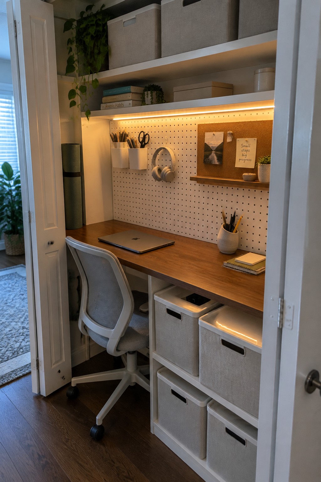 A compact desk area built into a closet alcove with a wooden desktop, fabric storage bins below, a pegboard wall, and an office chair in front.