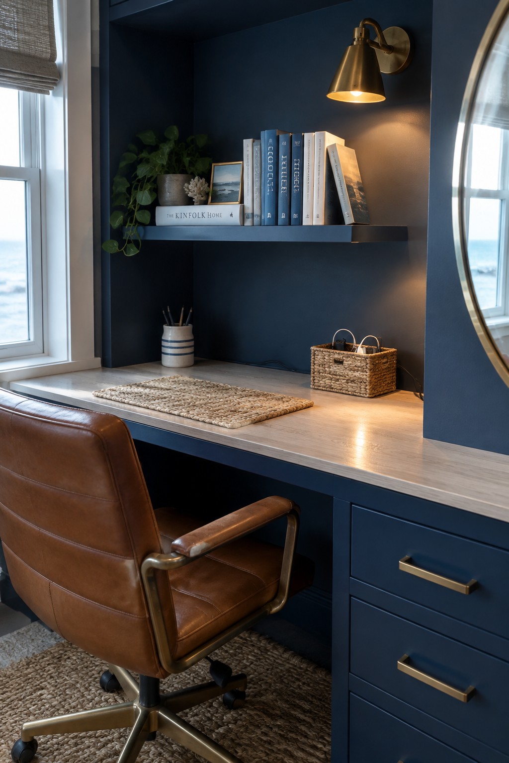 A compact home office features a light wood desk built into a dark blue alcove with upper shelves holding books and decor, a brown leather office chair, and a wall-mounted brass sconce.