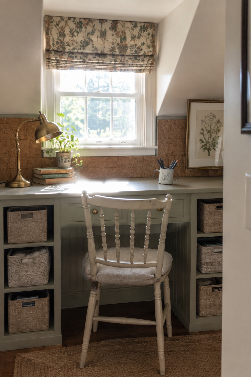 A small home office with a gray desk under a window, open side cubbies holding woven baskets, a white wooden chair, and a brass desk lamp on the left.