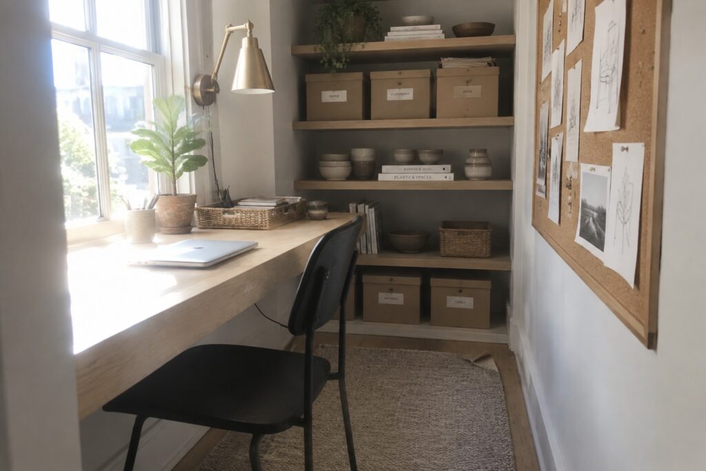 A narrow home office features a wooden desk beneath a window, white open shelving above holding labeled storage boxes and books, a black chair pulled up to the desk, and a corkboard mounted on the right wall.