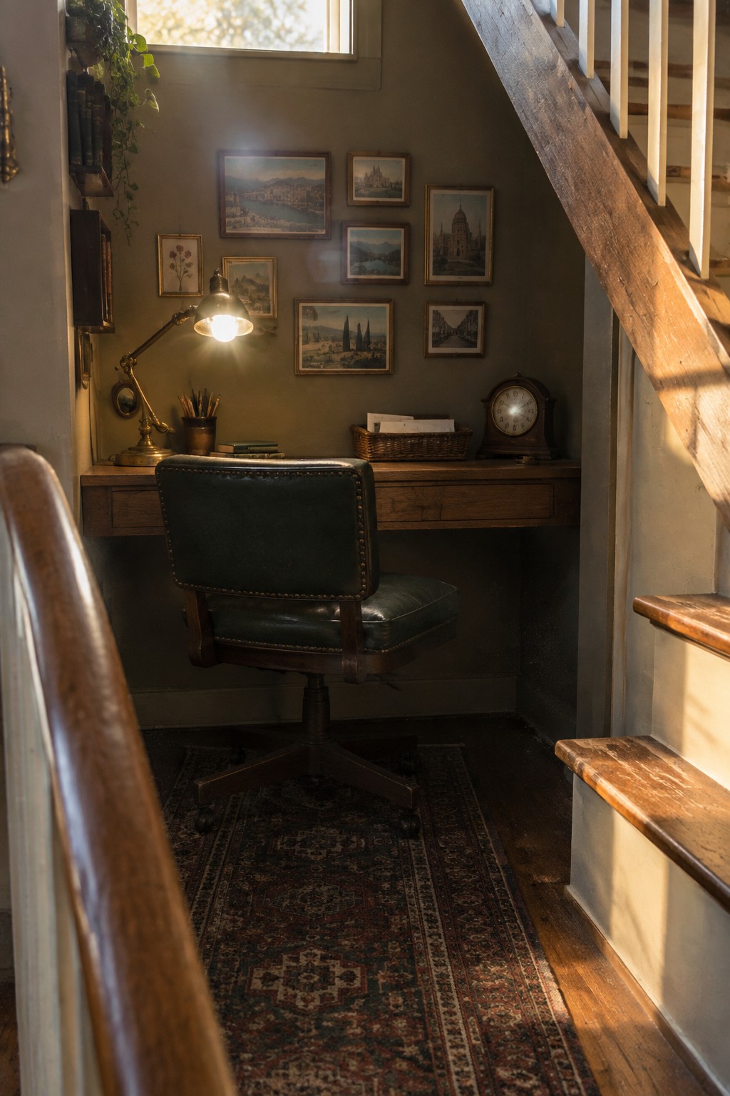Green leather chair at wooden desk under stairs with lit lamp and framed art