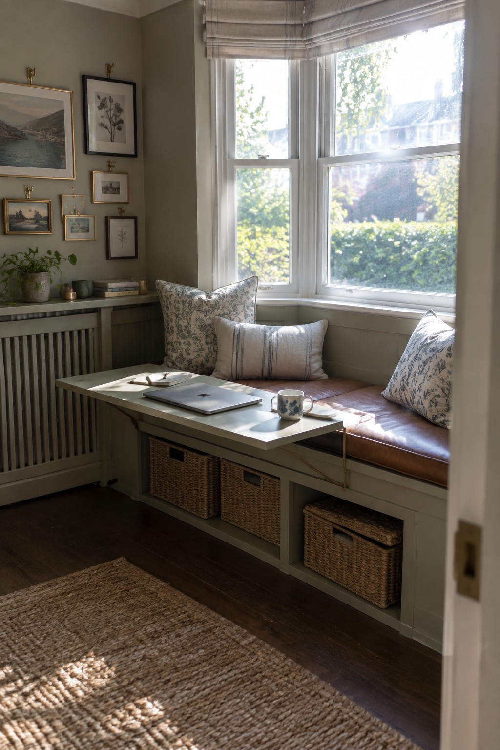 Cozy window bench with patterned pillows, fold-down desk holding laptop and mug, plus storage baskets.